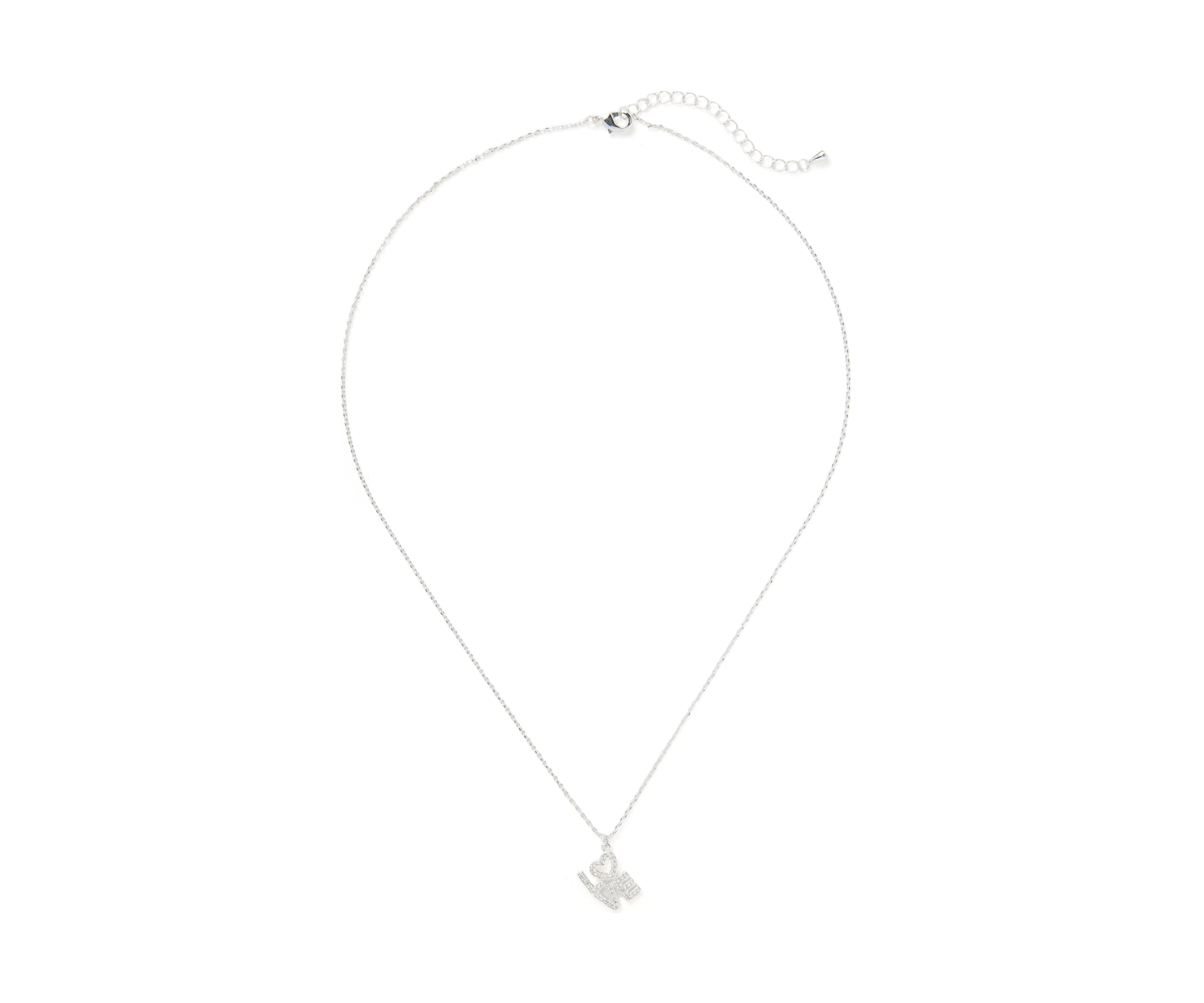 Silver Tone Cubic Zirconia Love Block Script Pendant Necklace