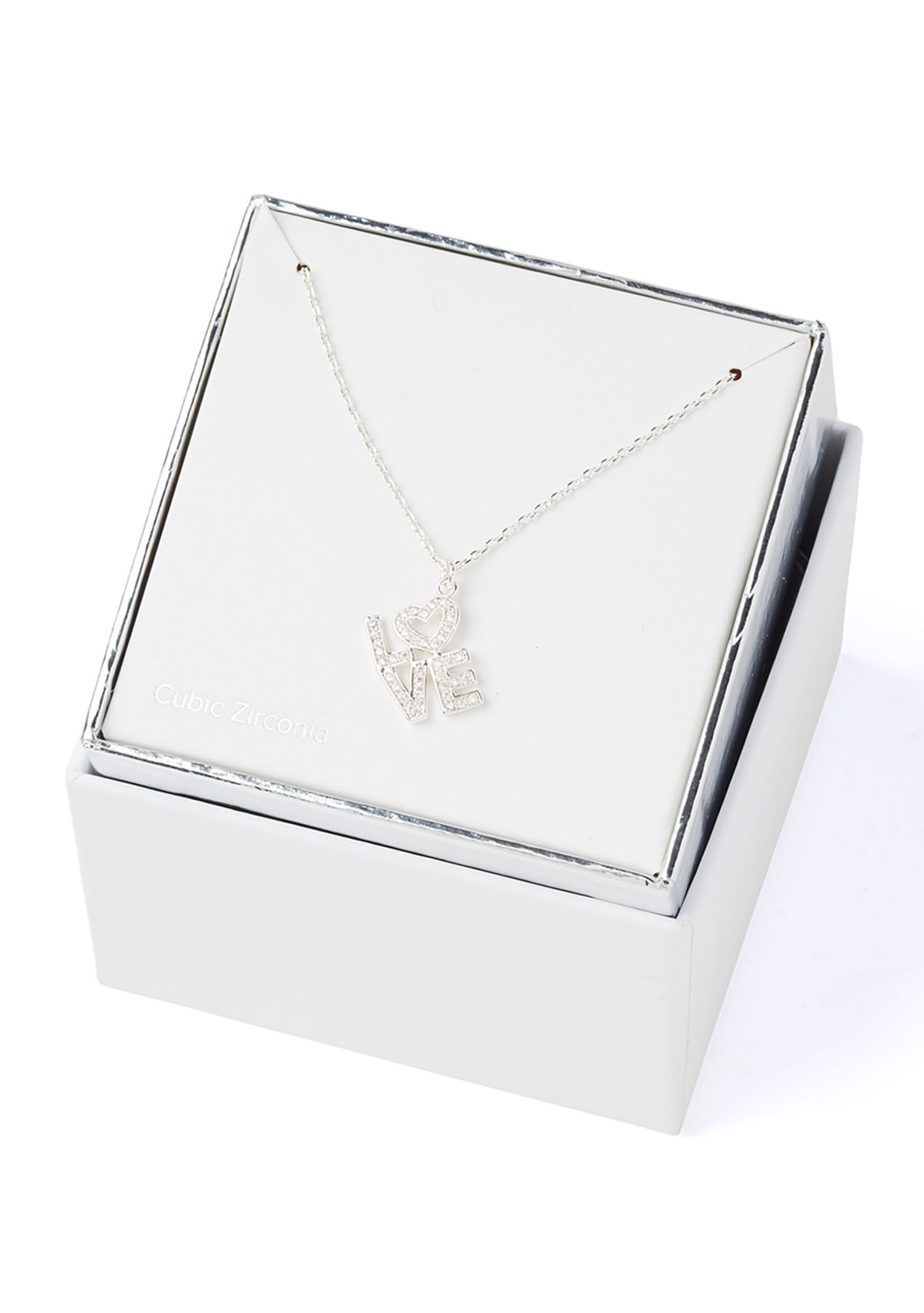 Silver Tone Cubic Zirconia Love Block Script Pendant Necklace