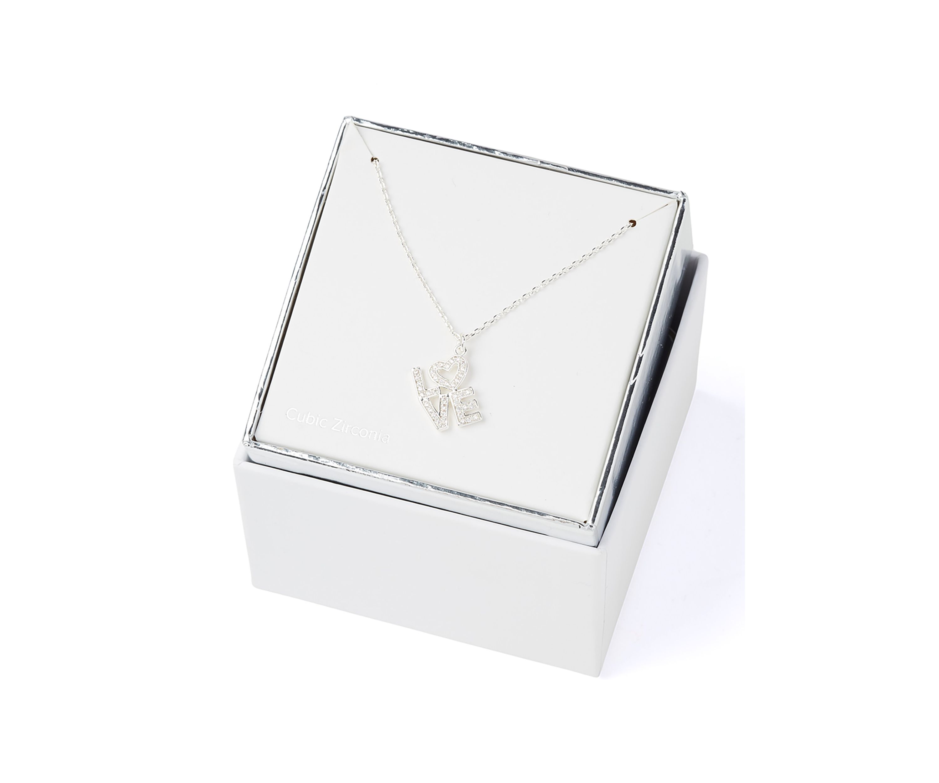 Silver Tone Cubic Zirconia Love Block Script Pendant Necklace