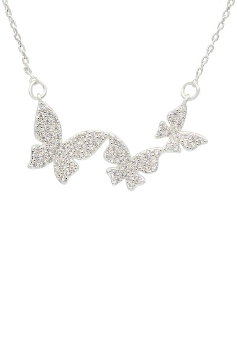 Lab Grown Silver Tone Pave CZ Triple Butterfly Pendant Necklace