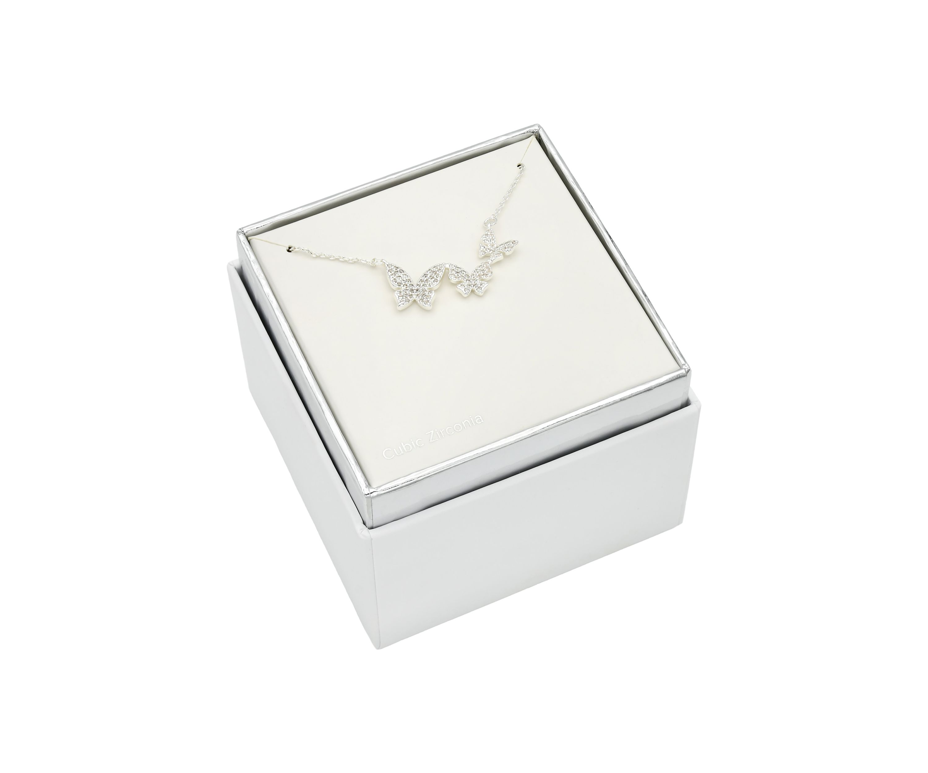 Lab Grown Silver Tone Pave CZ Triple Butterfly Pendant Necklace