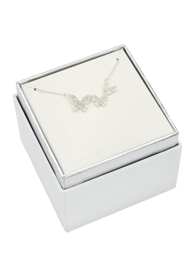 Lab Grown Silver Tone Pave CZ Triple Butterfly Pendant Necklace