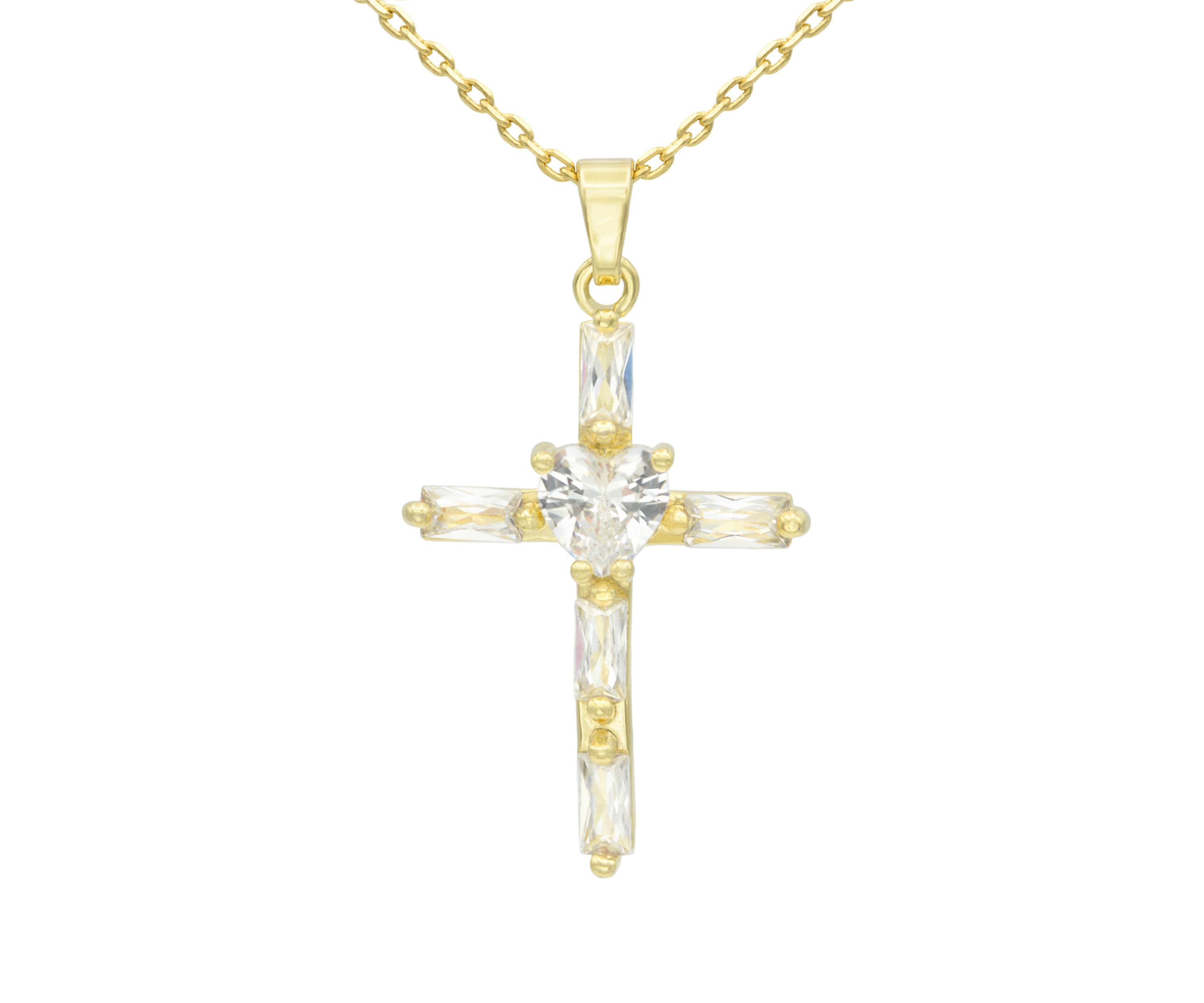 Lab Grown Gold Tone Emerald Cut Cubic Zirconia Cross Pendant Necklace