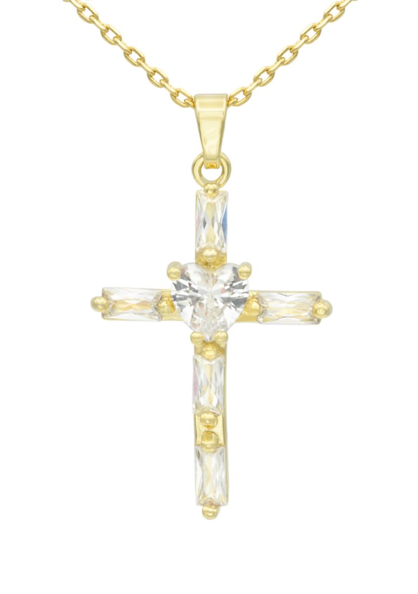 Lab Grown Gold Tone Emerald Cut Cubic Zirconia Cross Pendant Necklace