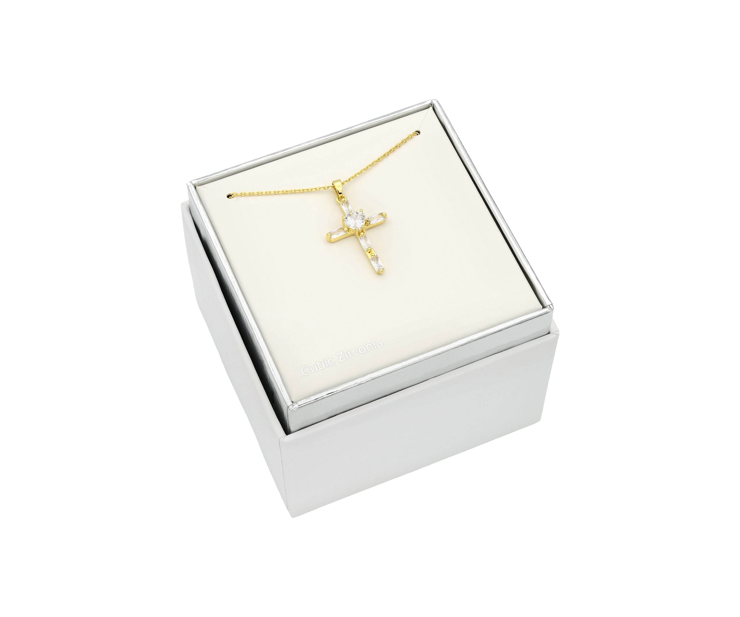 Lab Grown Gold Tone Emerald Cut Cubic Zirconia Cross Pendant Necklace
