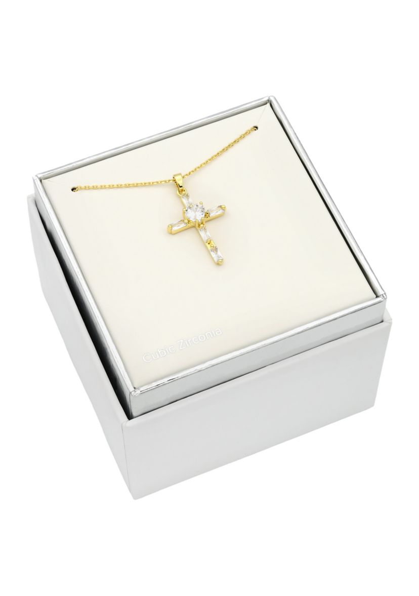 Lab Grown Gold Tone Emerald Cut Cubic Zirconia Cross Pendant Necklace
