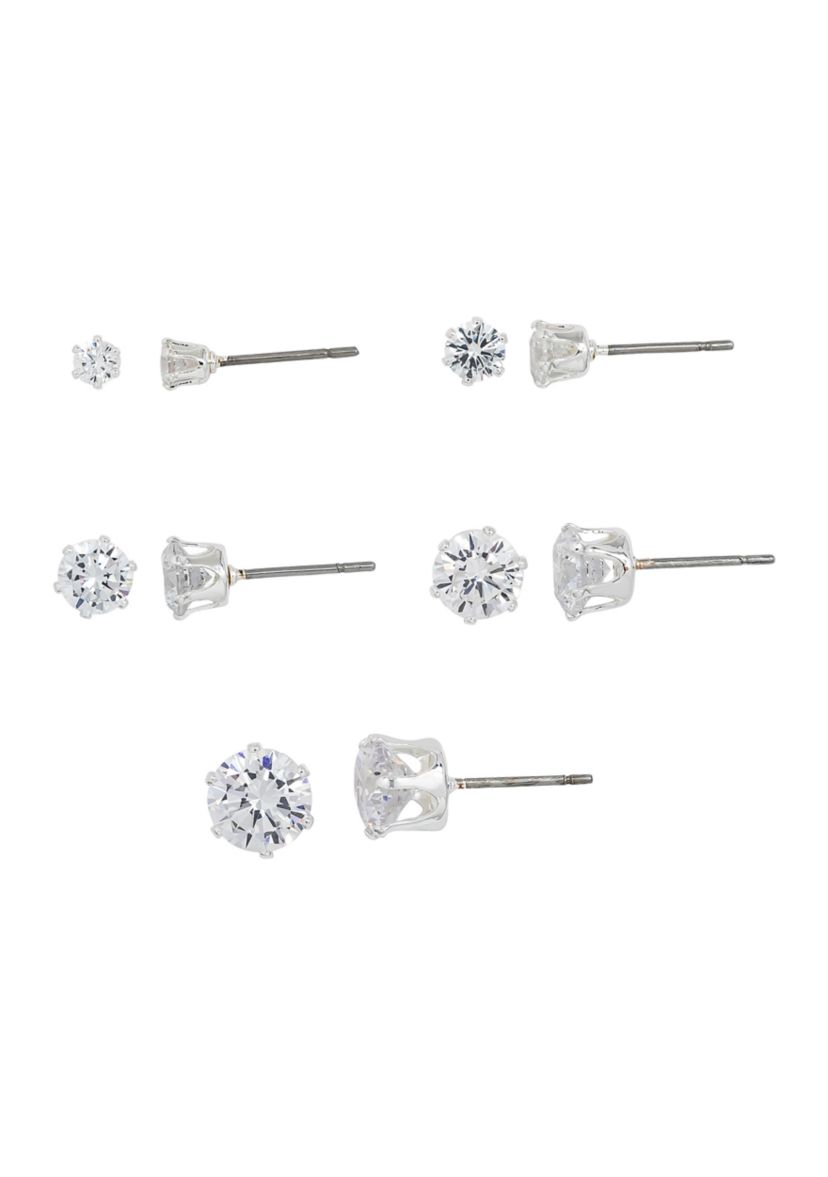 Lab Created Silver Tone CZ 5 Pack Stud Earring Set