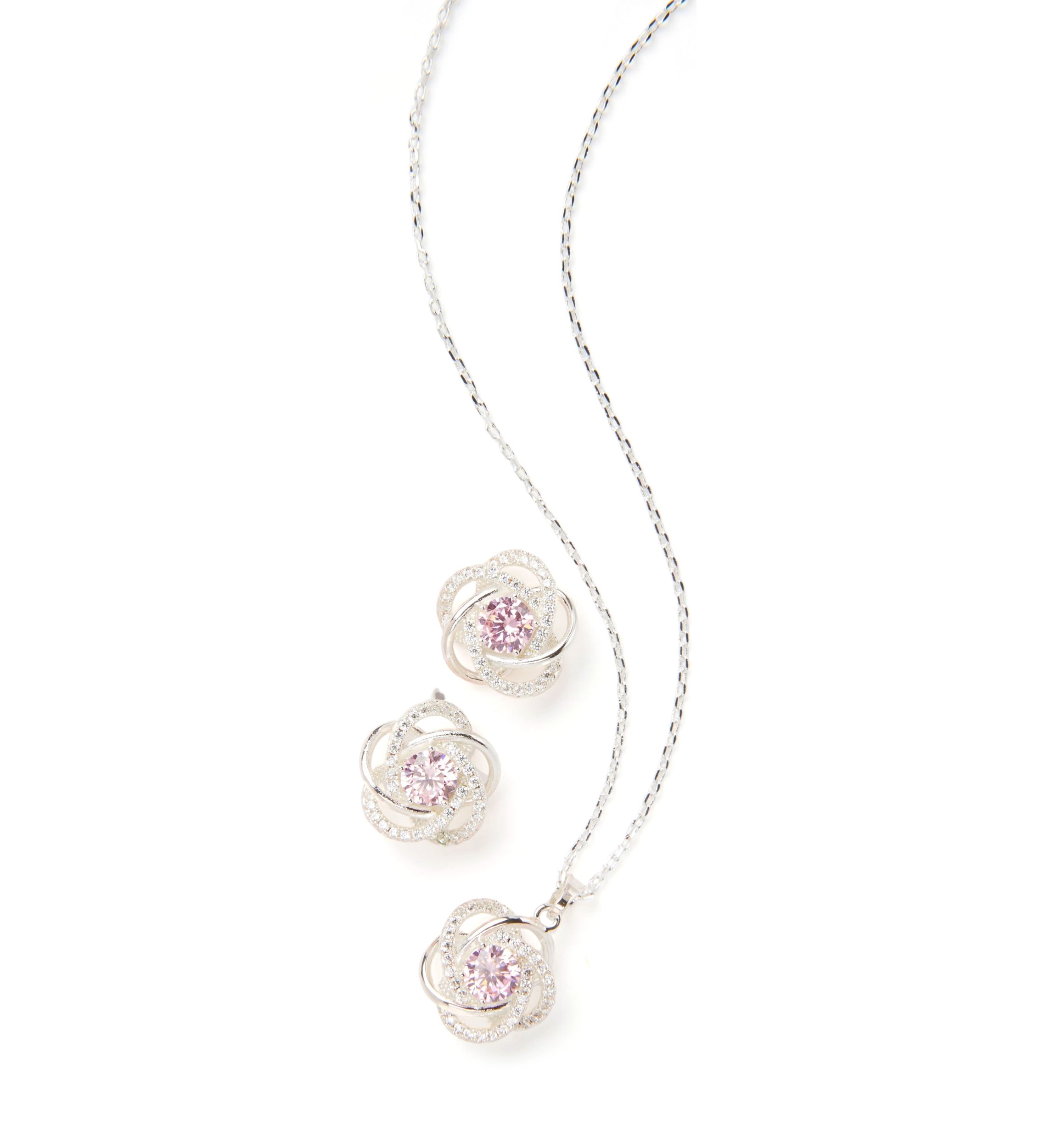 Silver Tone Cubic Zirconia and Crystal Love Knot Necklace and Earrings Set