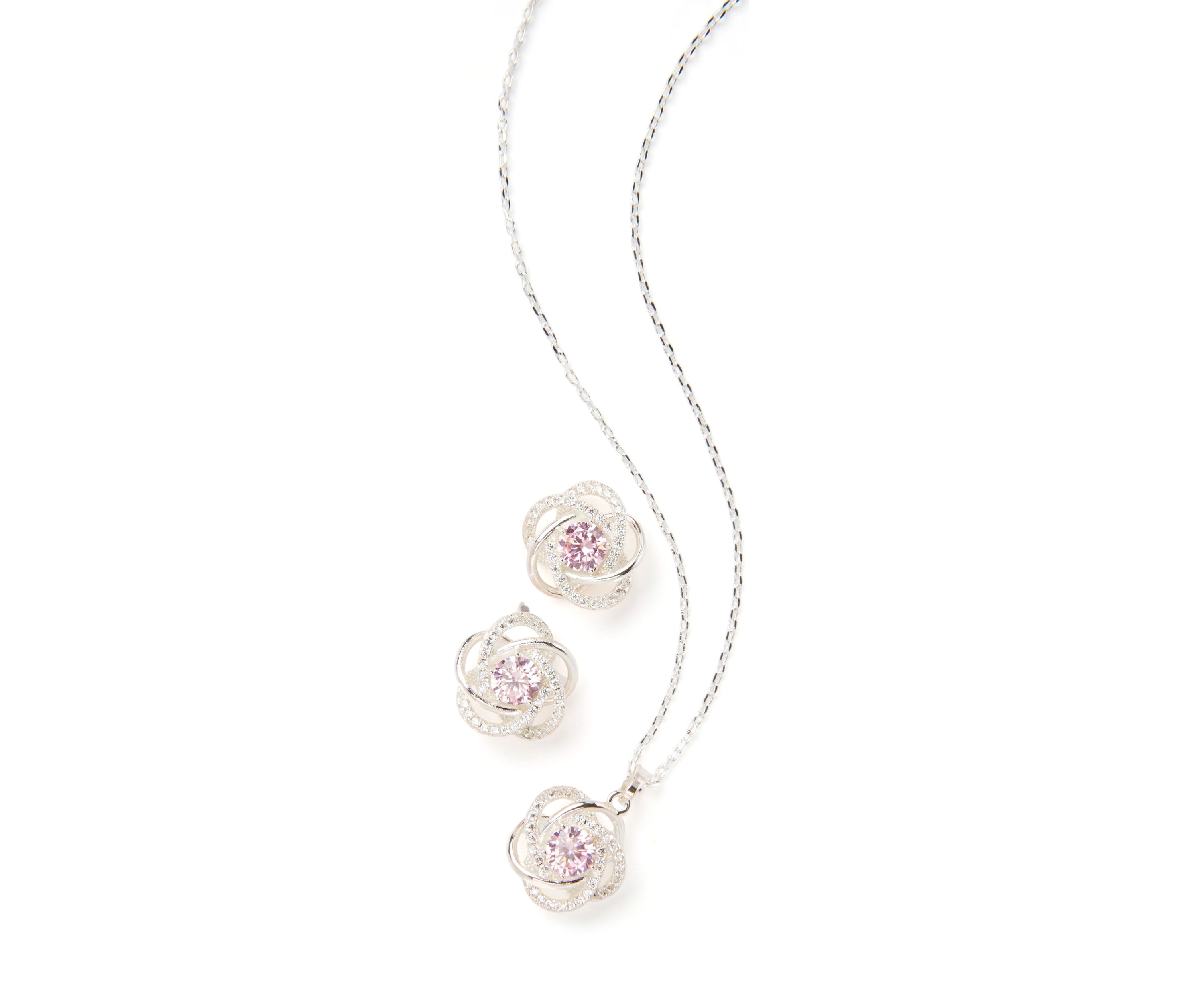 Silver Tone Cubic Zirconia and Crystal Love Knot Necklace and Earrings Set