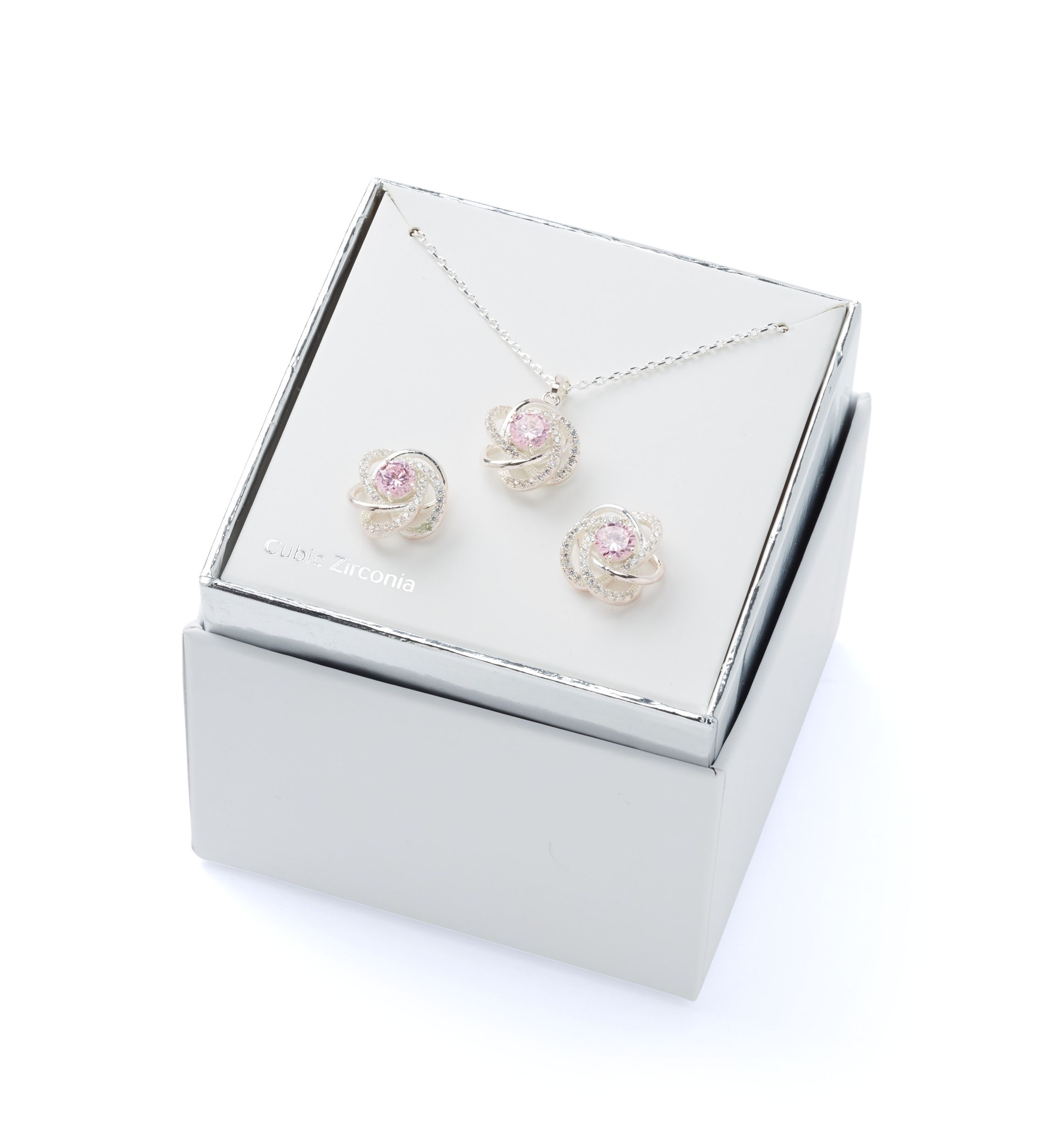 Silver Tone Cubic Zirconia and Crystal Love Knot Necklace and Earrings Set