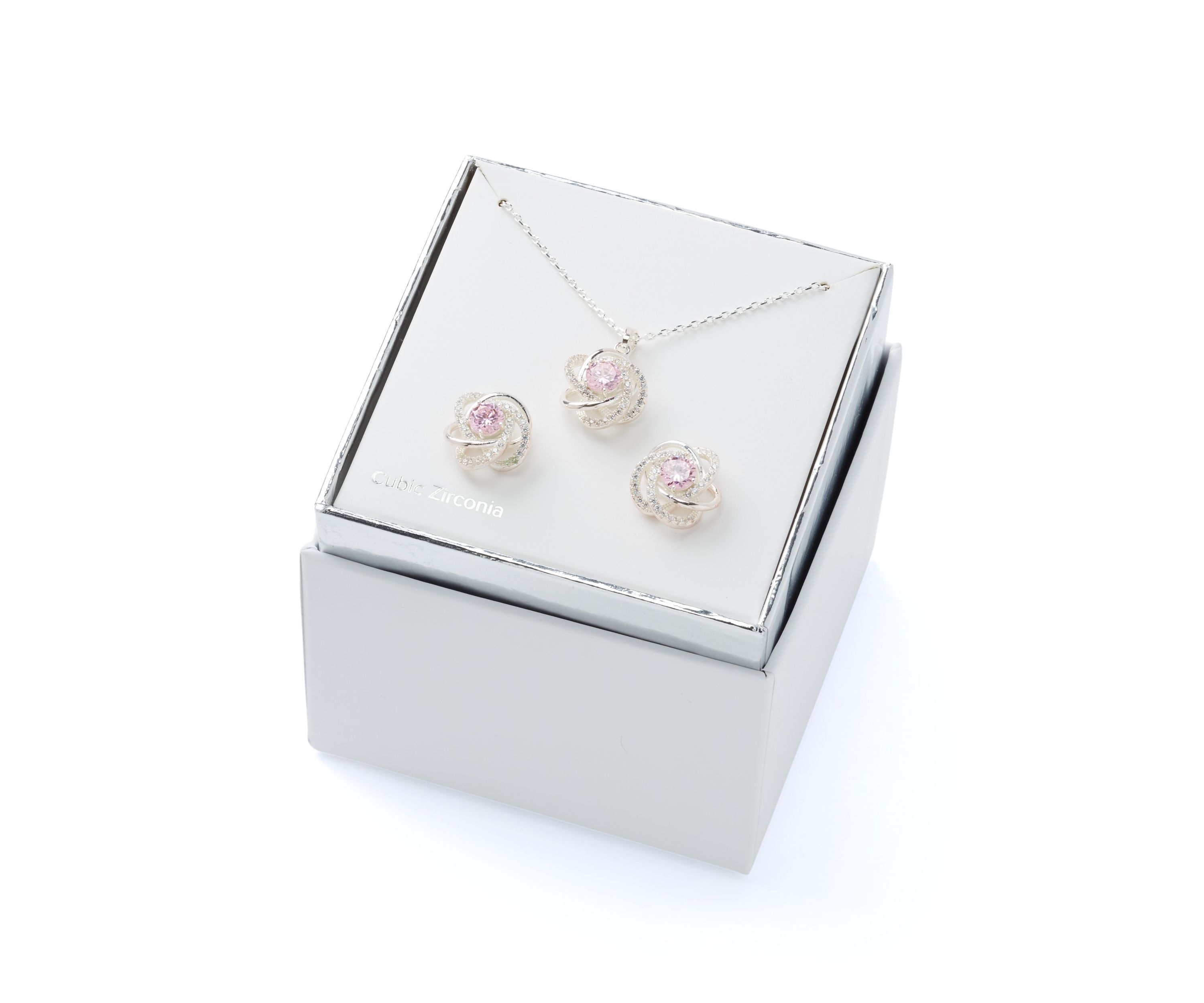 Silver Tone Cubic Zirconia and Crystal Love Knot Necklace and Earrings Set