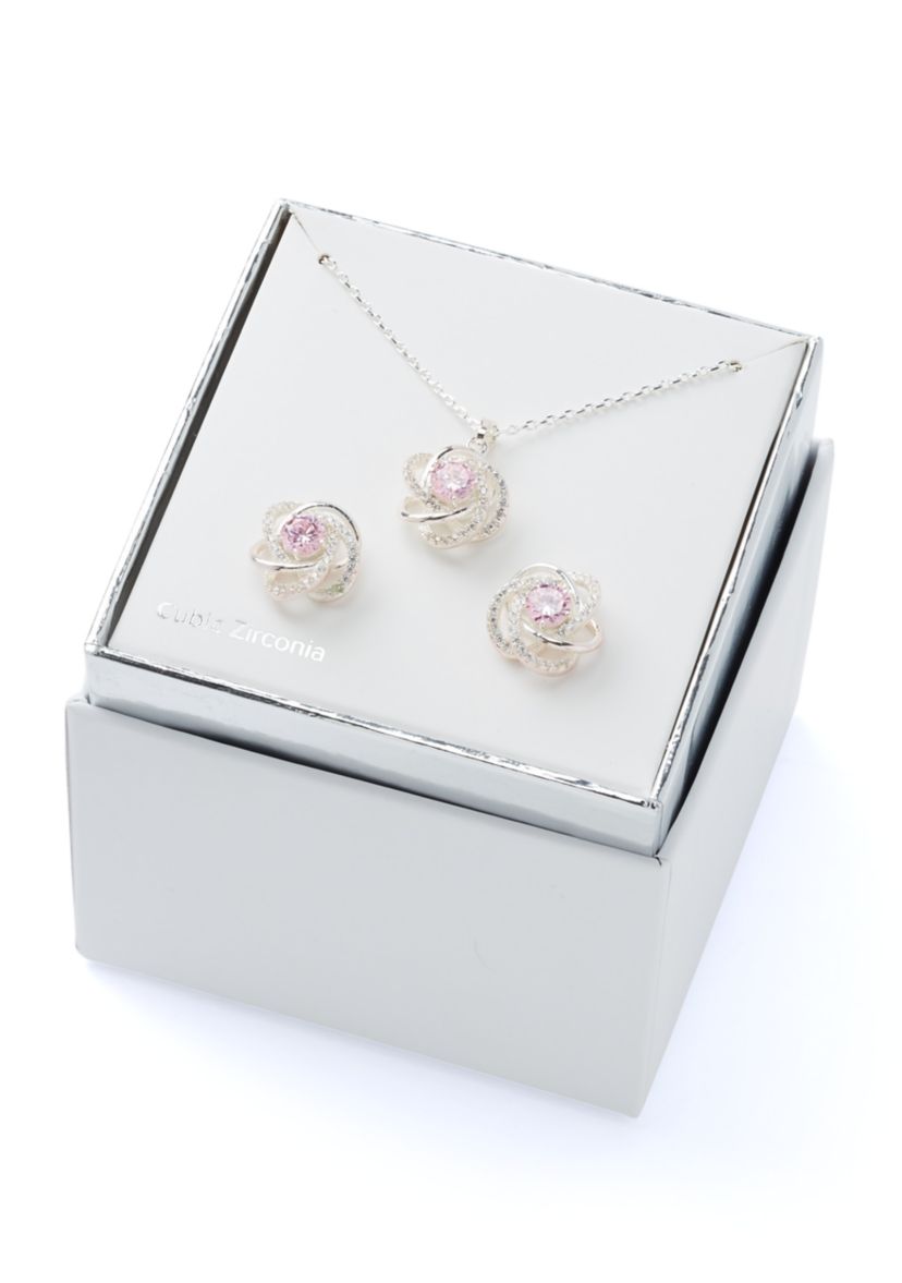 Silver Tone Cubic Zirconia and Crystal Love Knot Necklace and Earrings Set