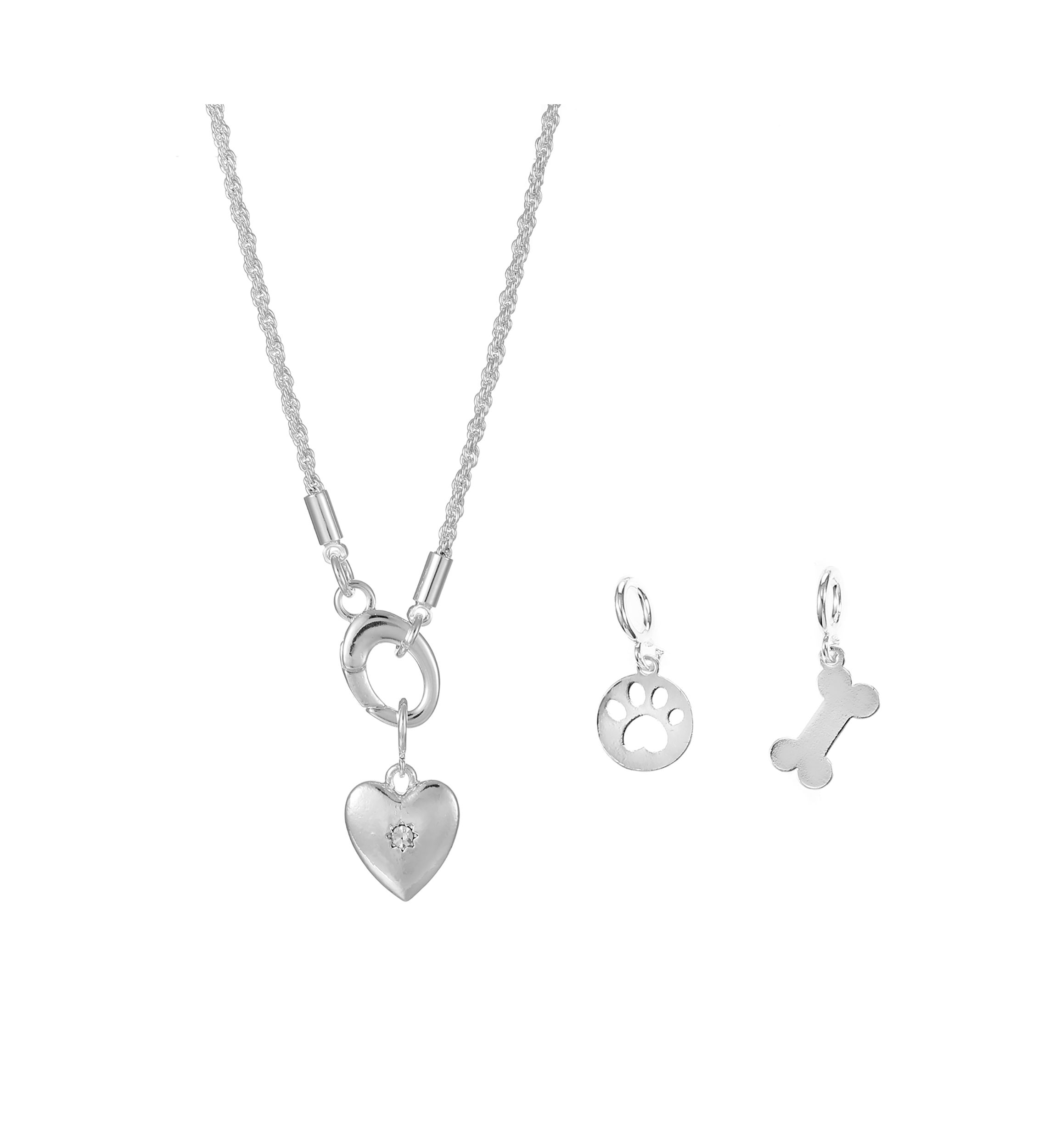 Silver Tone Carabiner Pet Themed Necklace with Interchangeable Charms Set