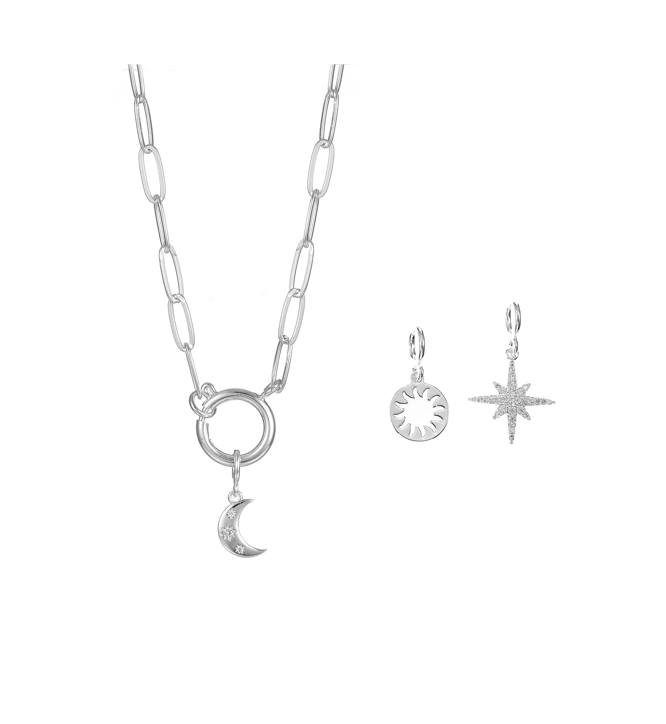 Silver Tone Carabiner Celestial Themed Charm Necklace Set