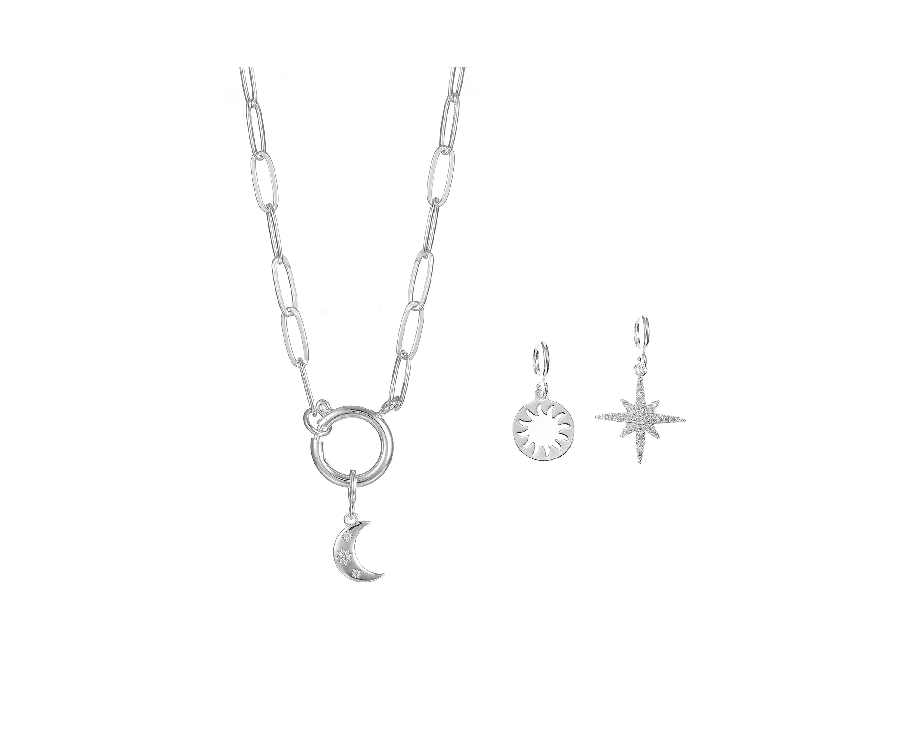 Silver Tone Carabiner Celestial Themed Charm Necklace Set
