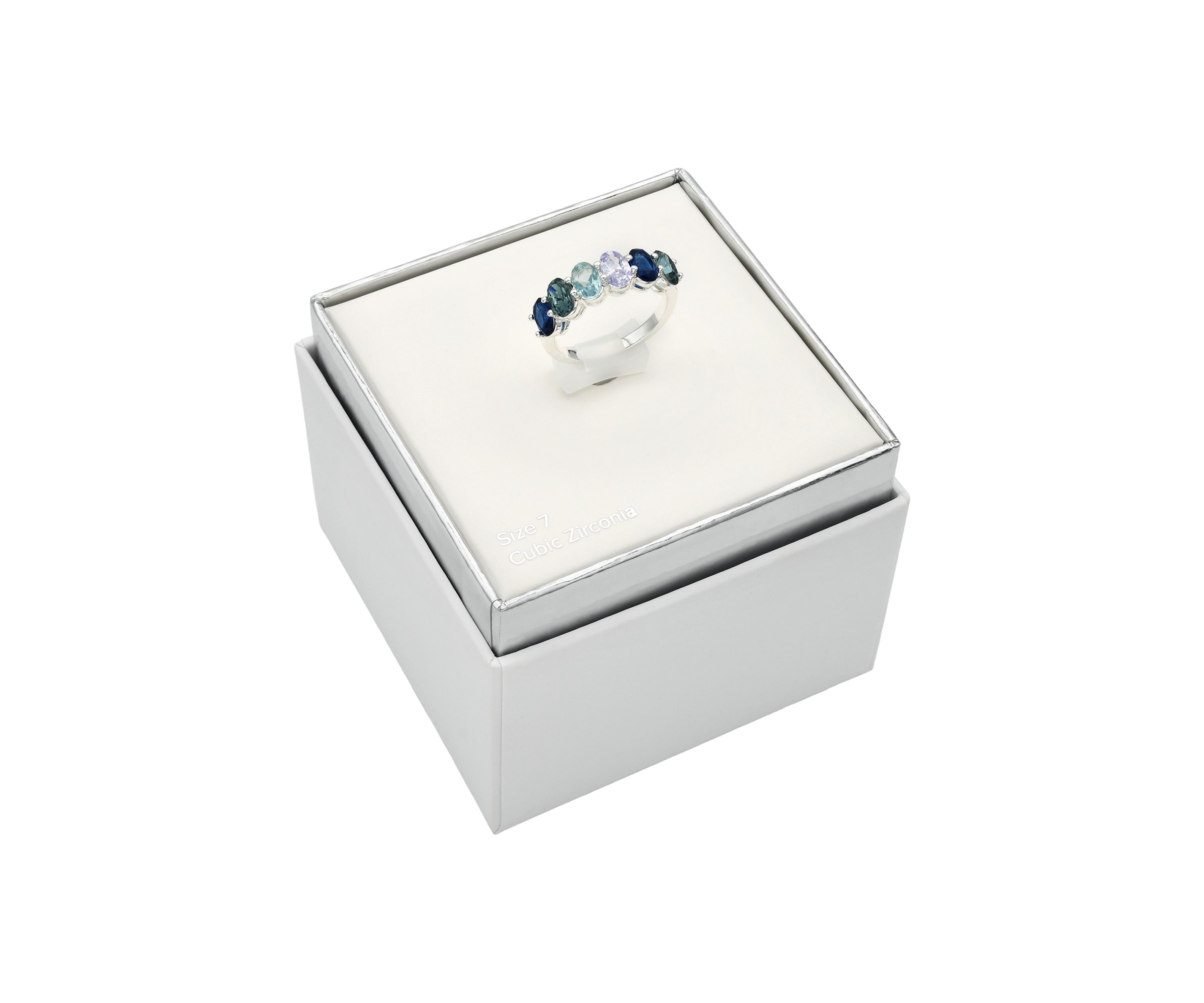 Lab Grown Silver Tone Band with Multi Blue Tonal Oval Stones Ring