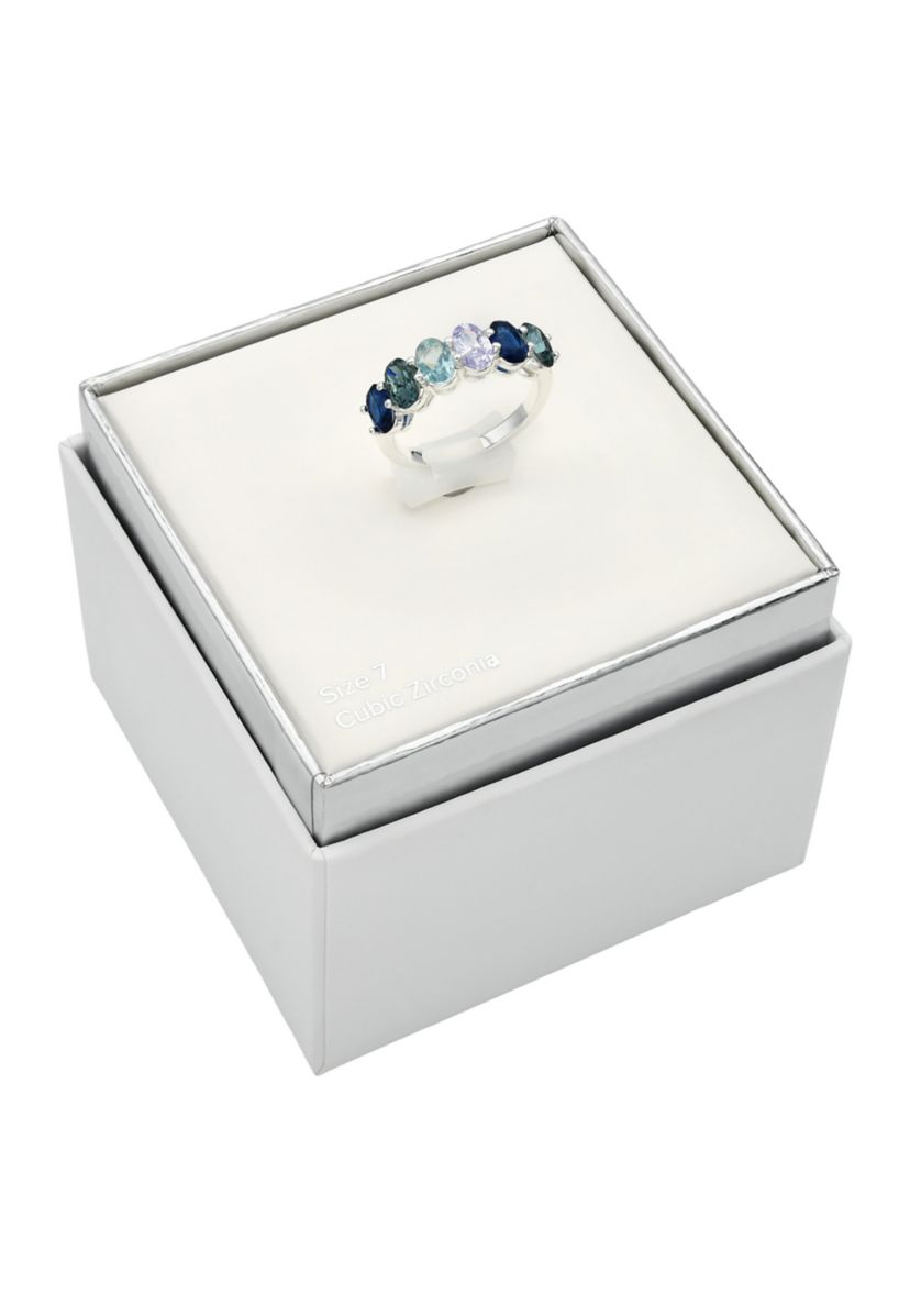 Lab Grown Silver Tone Band with Multi Blue Tonal Oval Stones Ring