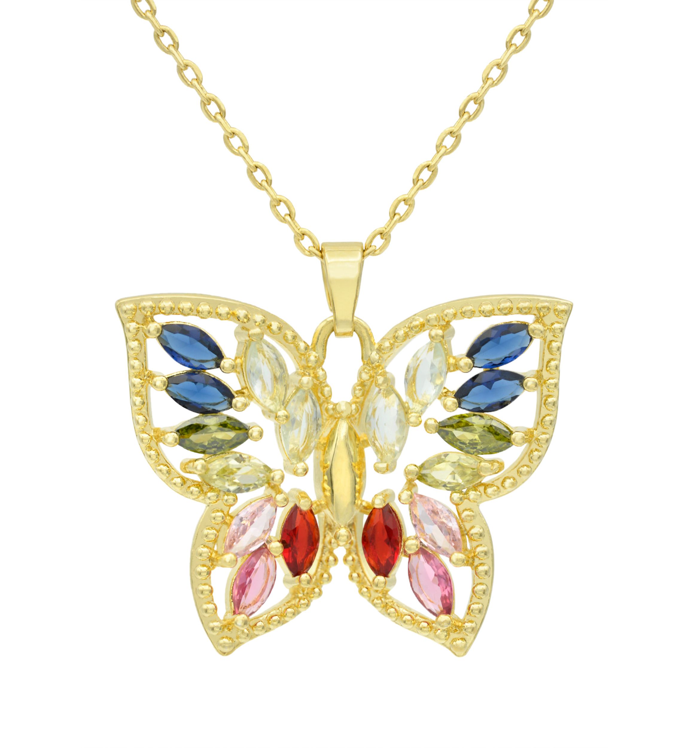 Lab Created Gold Tone Multi CZ & Crystal Marquise Stone Butterfly Pendant Necklace