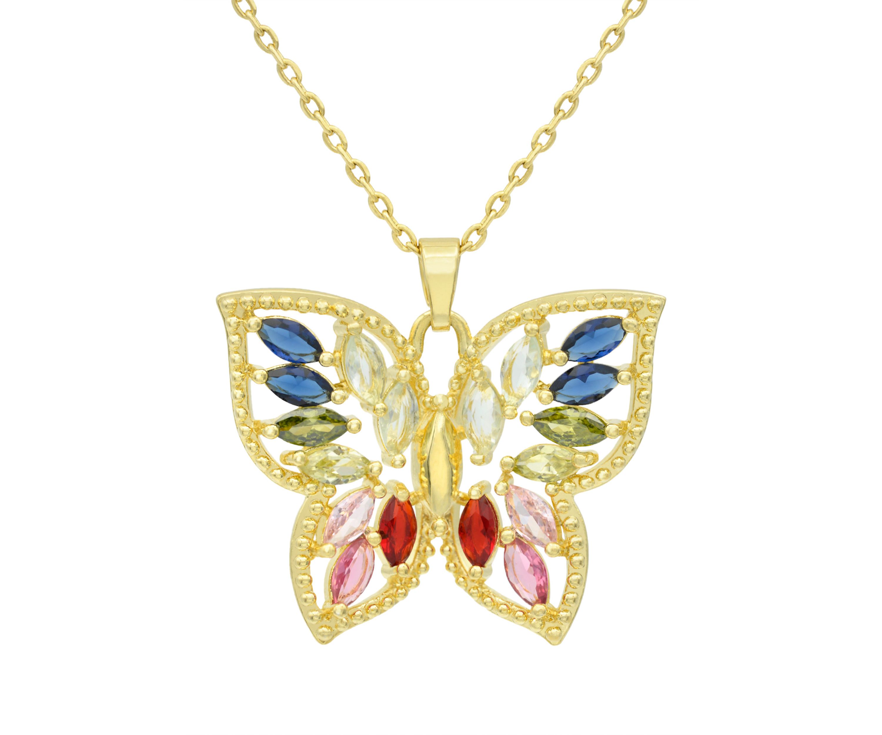 Lab Created Gold Tone Multi CZ & Crystal Marquise Stone Butterfly Pendant Necklace