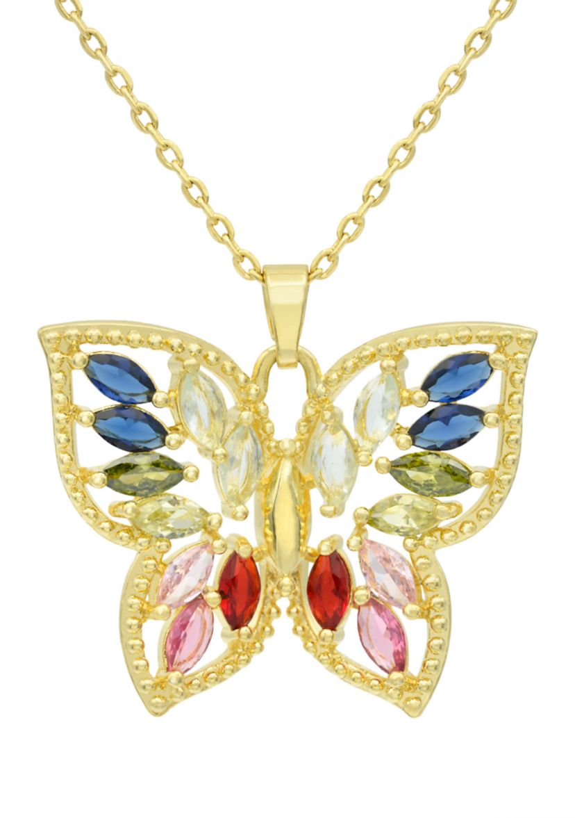 Lab Created Gold Tone Multi CZ & Crystal Marquise Stone Butterfly Pendant Necklace