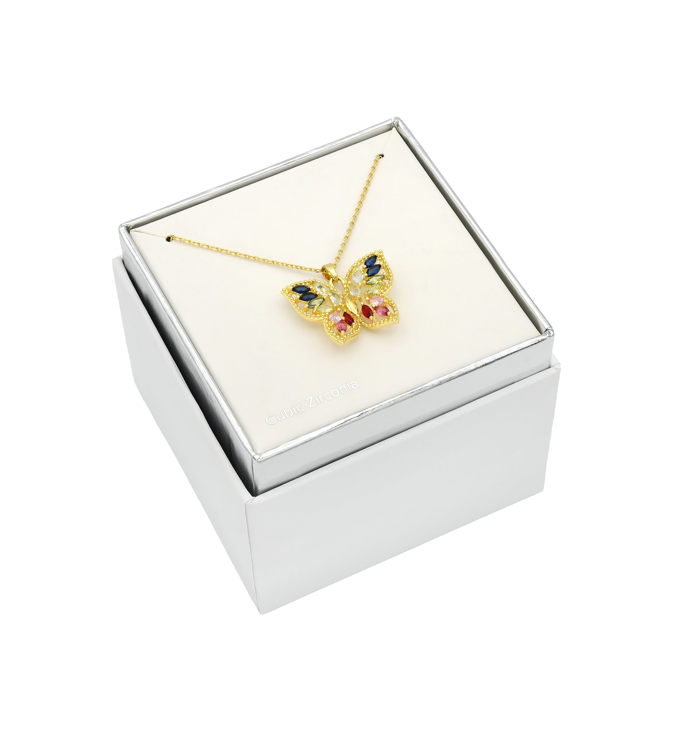 Lab Created Gold Tone Multi CZ & Crystal Marquise Stone Butterfly Pendant Necklace
