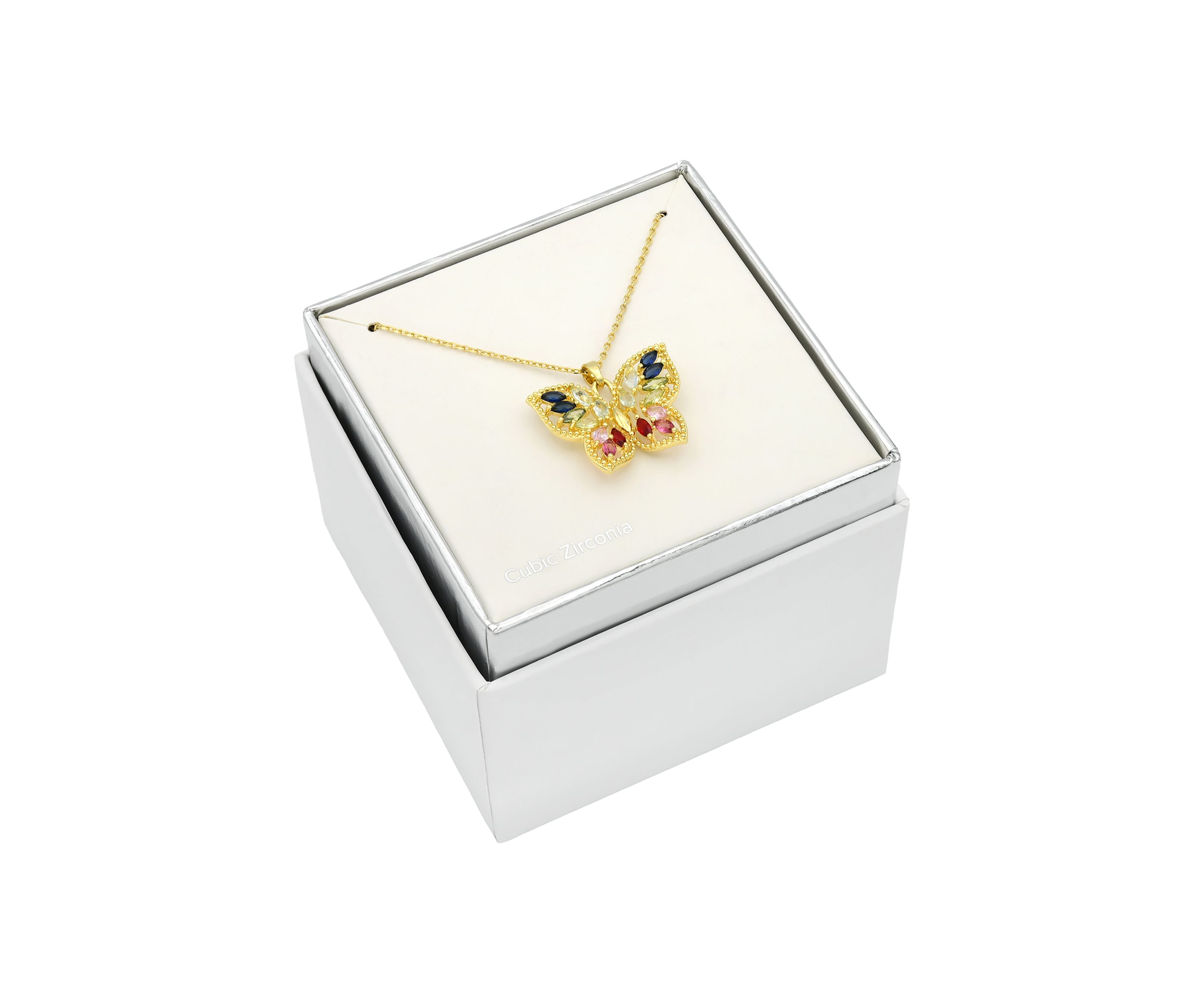 Lab Created Gold Tone Multi CZ & Crystal Marquise Stone Butterfly Pendant Necklace