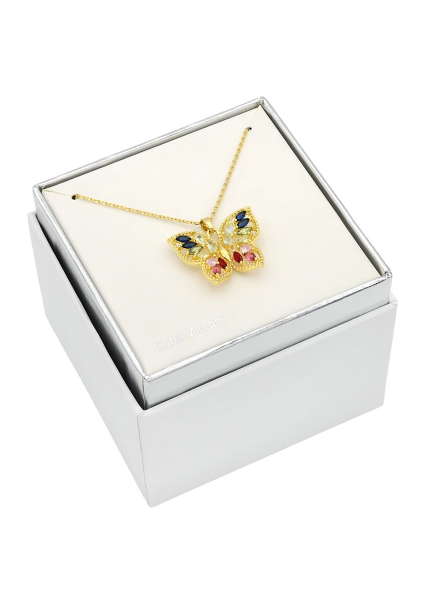 Lab Created Gold Tone Multi CZ & Crystal Marquise Stone Butterfly Pendant Necklace