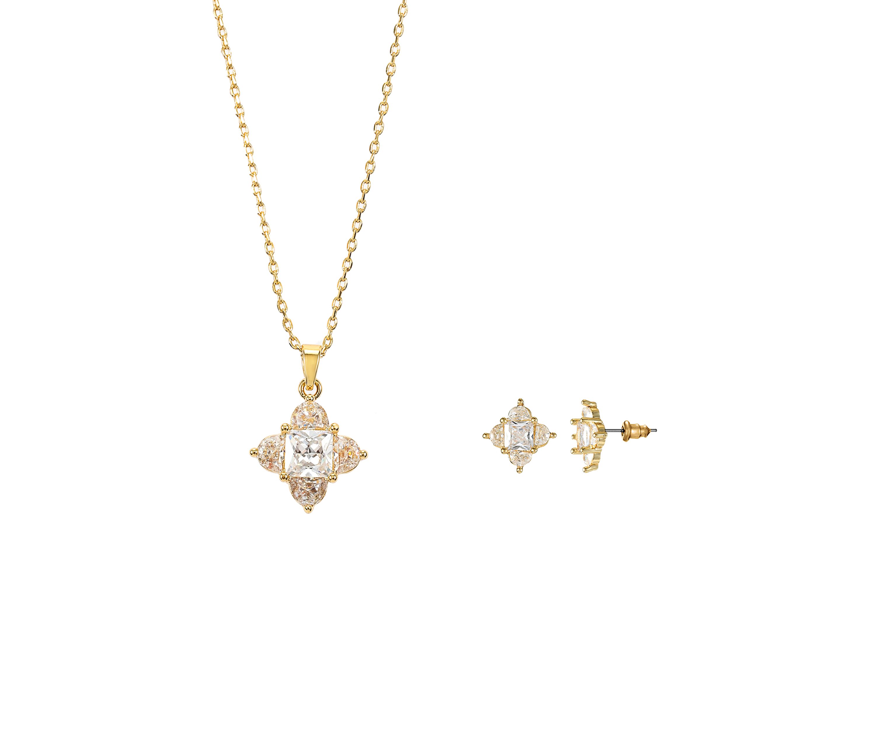 Lab Grown Gold Tone Square and Half Moon Cubic Zirconia Necklace and Earrings Set