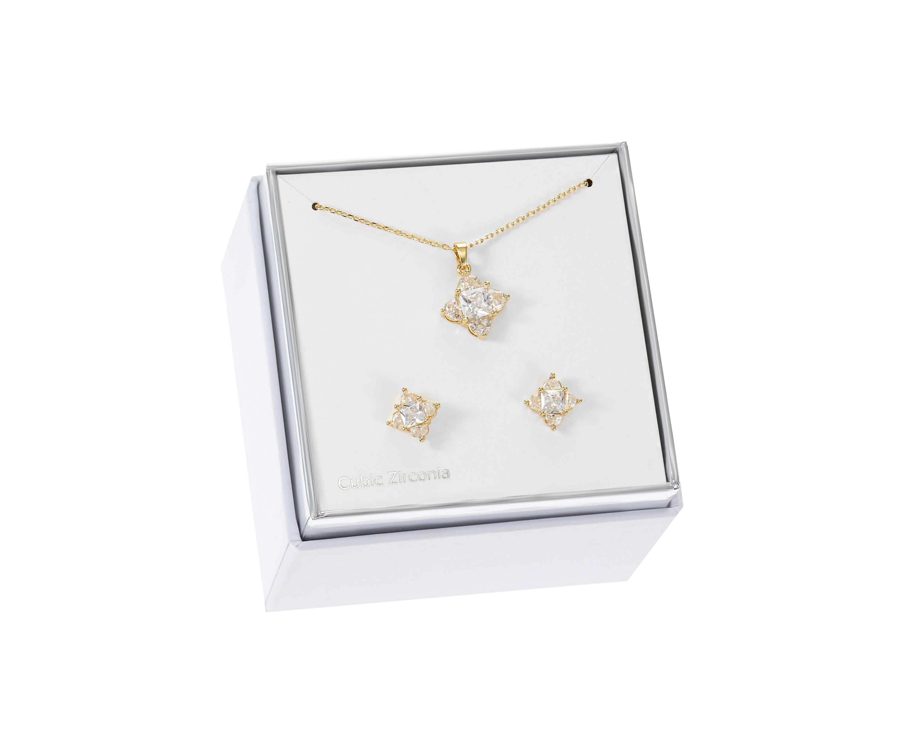 Lab Grown Gold Tone Square and Half Moon Cubic Zirconia Necklace and Earrings Set
