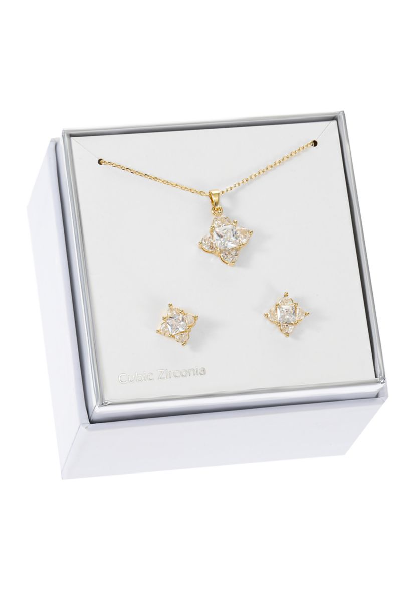 Lab Grown Gold Tone Square and Half Moon Cubic Zirconia Necklace and Earrings Set