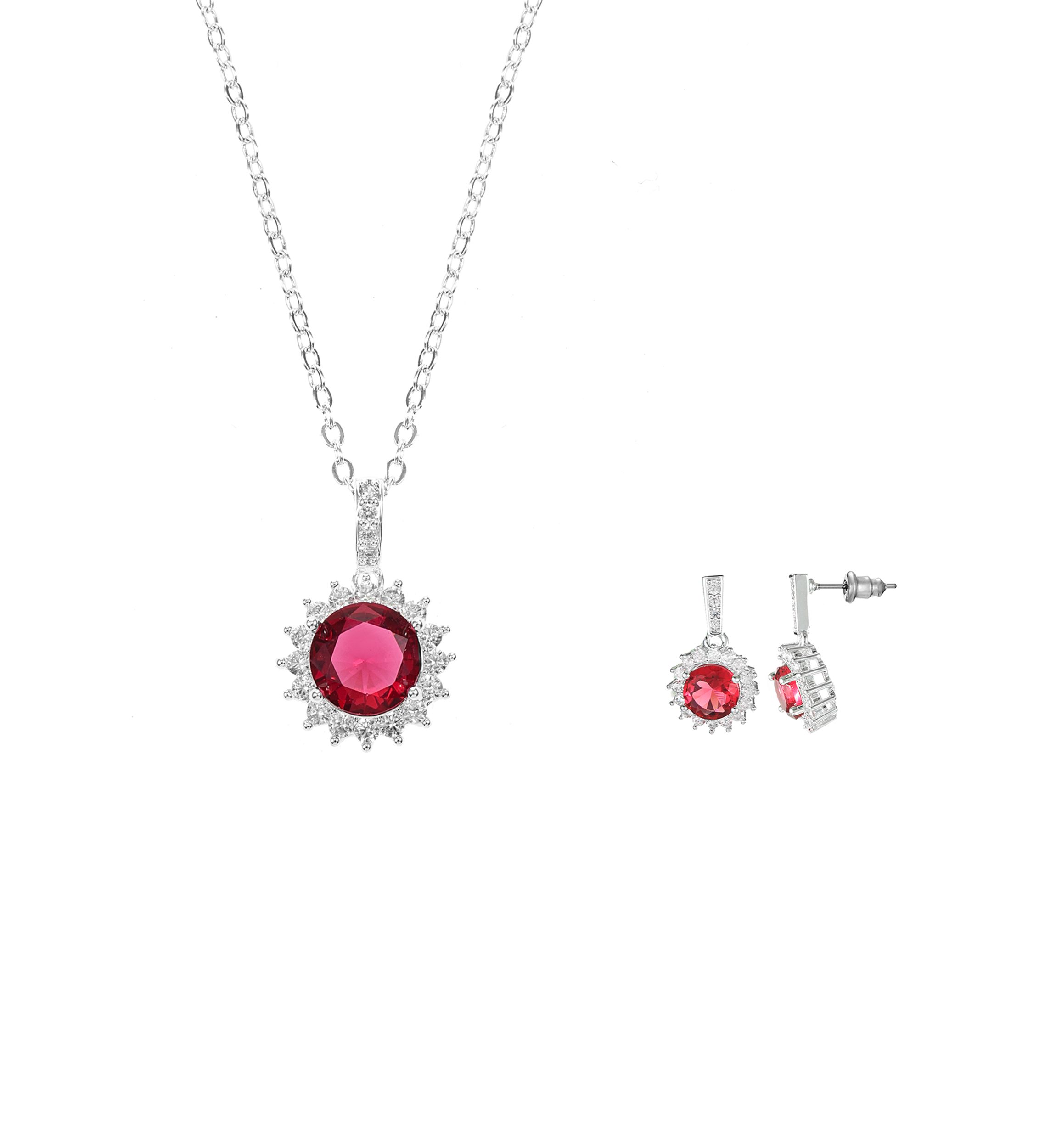 Lab Grown Silver Tone Fuschia Round Stone with Cubic Zirconia Halo Necklace and Earring Set