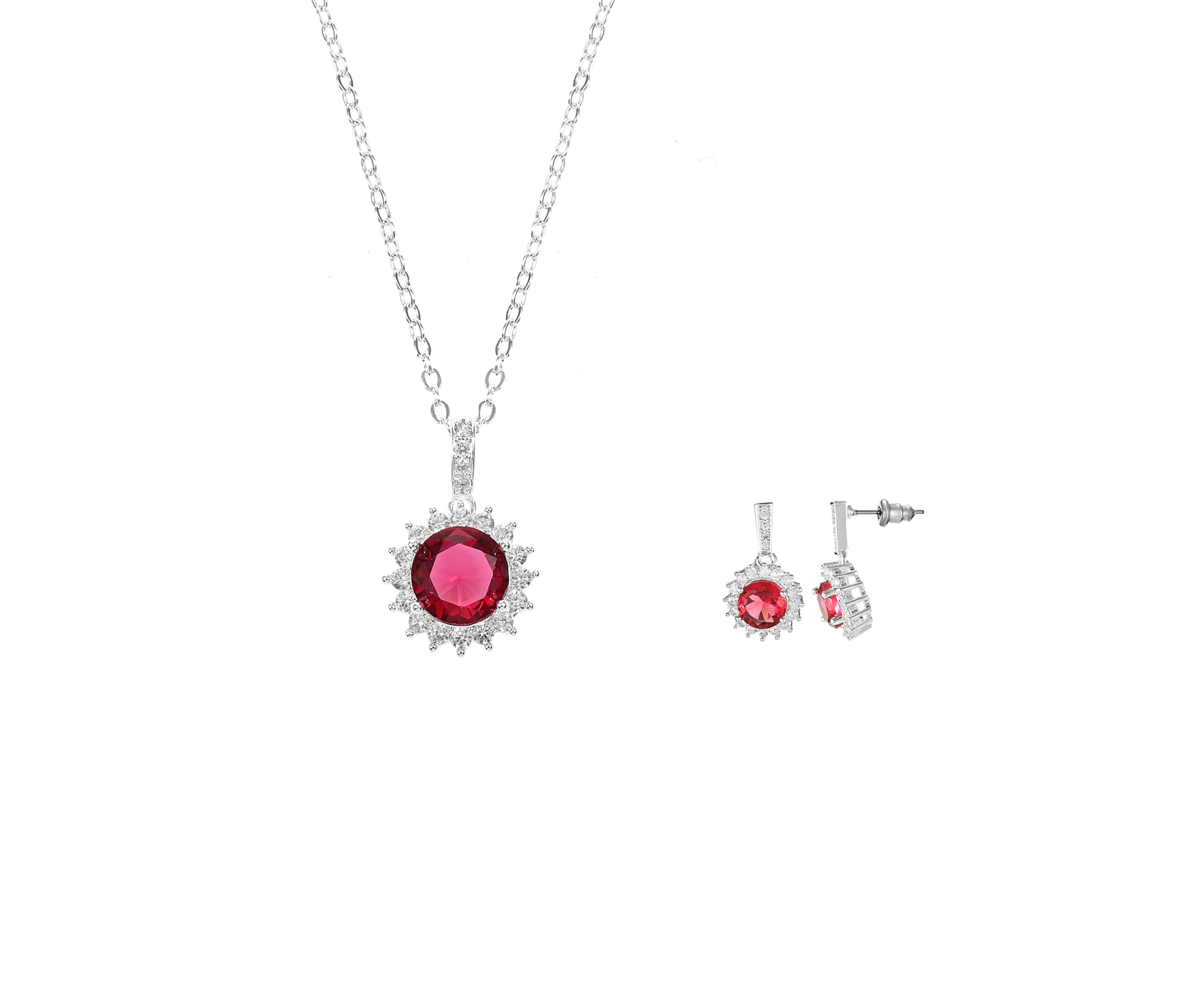 Lab Grown Silver Tone Fuschia Round Stone with Cubic Zirconia Halo Necklace and Earring Set