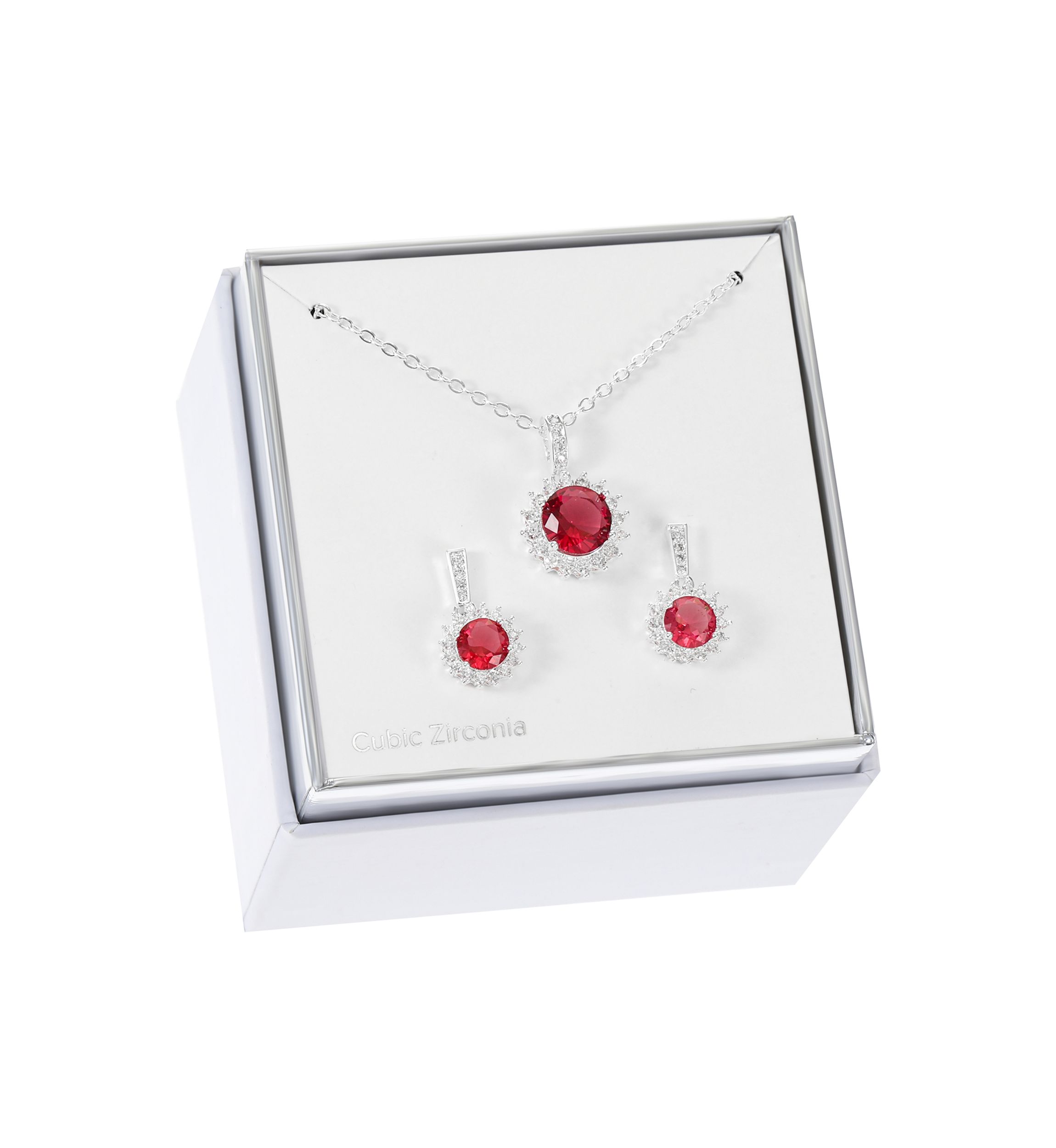 Lab Grown Silver Tone Fuschia Round Stone with Cubic Zirconia Halo Necklace and Earring Set