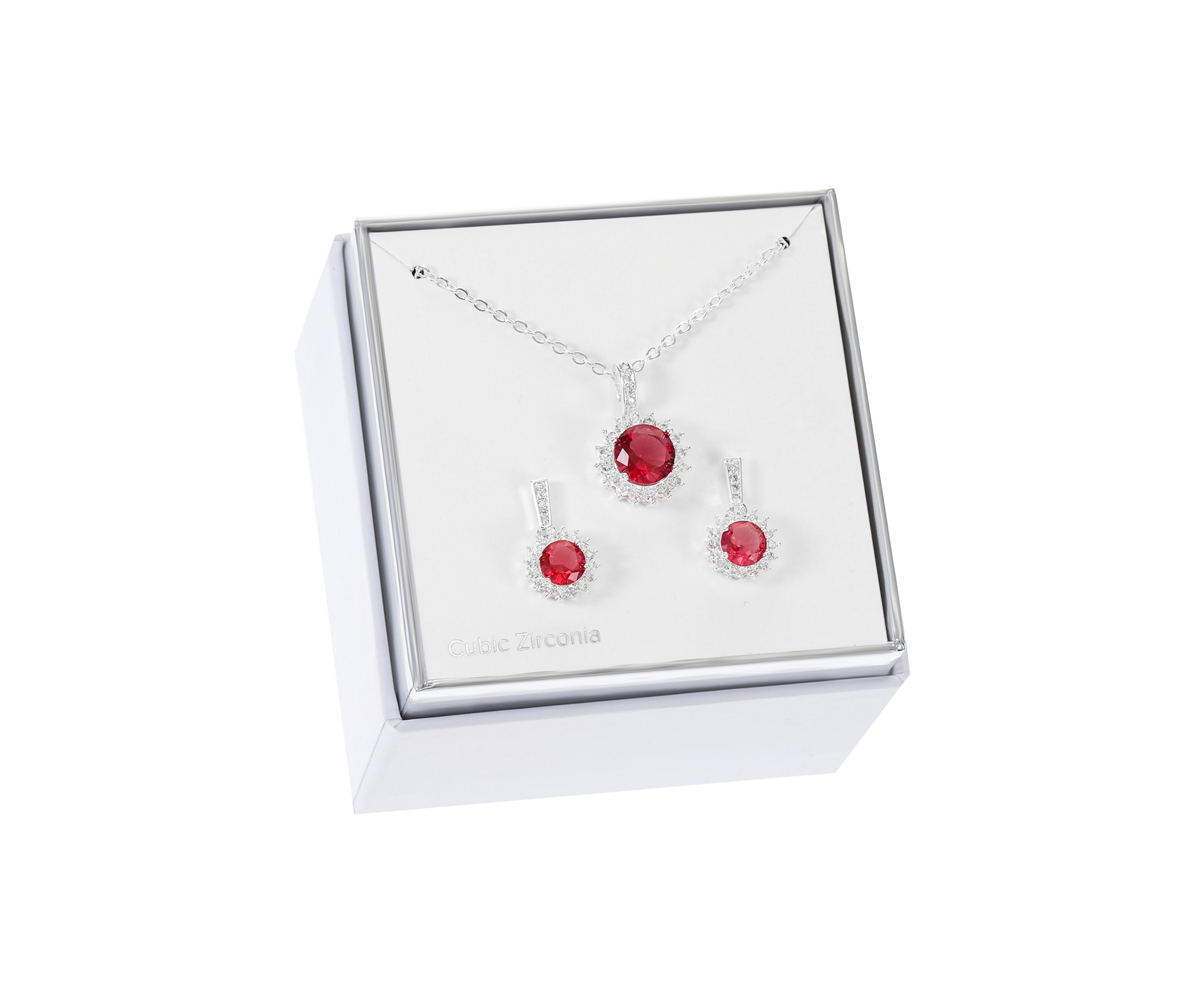 Lab Grown Silver Tone Fuschia Round Stone with Cubic Zirconia Halo Necklace and Earring Set