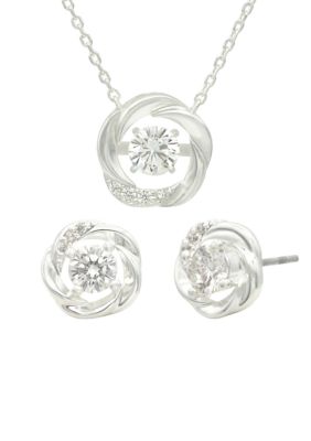 evie & emma Lab Created Silver Tone Love Knot with Round CZ Stone Necklace and Earring Set