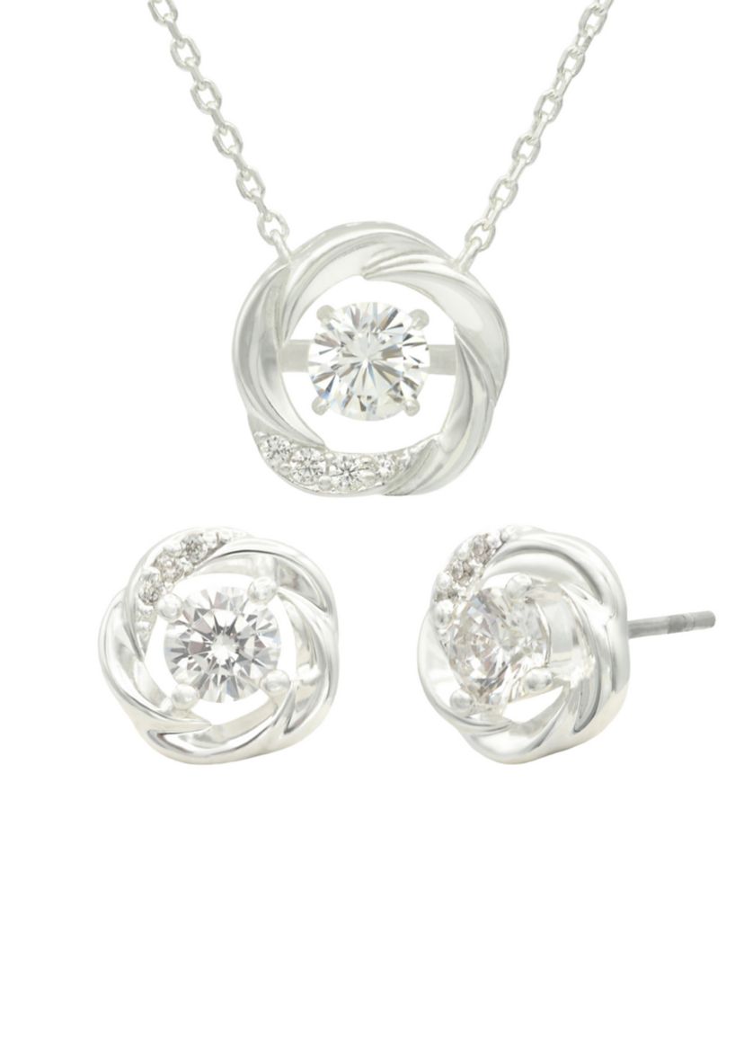 Lab Created Silver Tone Love Knot with Round CZ Stone Necklace and Earring Set