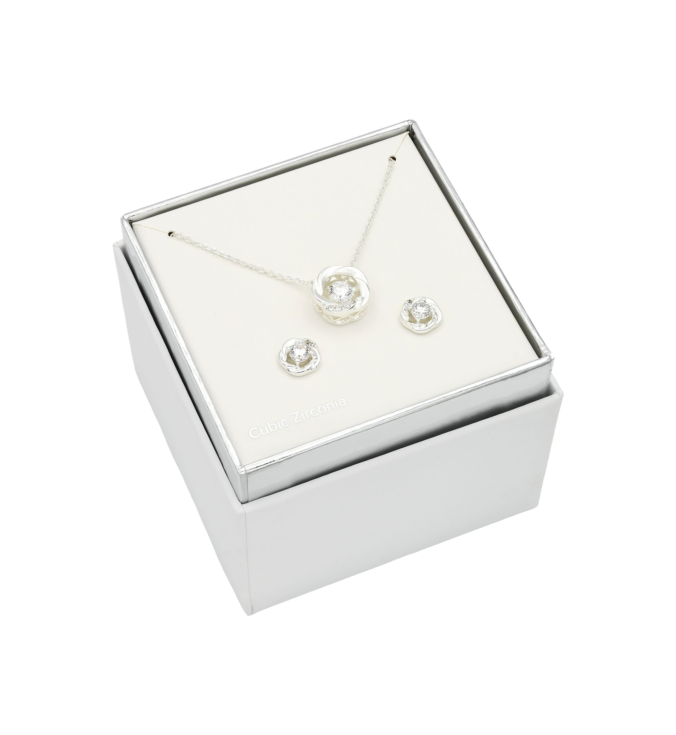 Lab Created Silver Tone Love Knot with Round CZ Stone Necklace and Earring Set