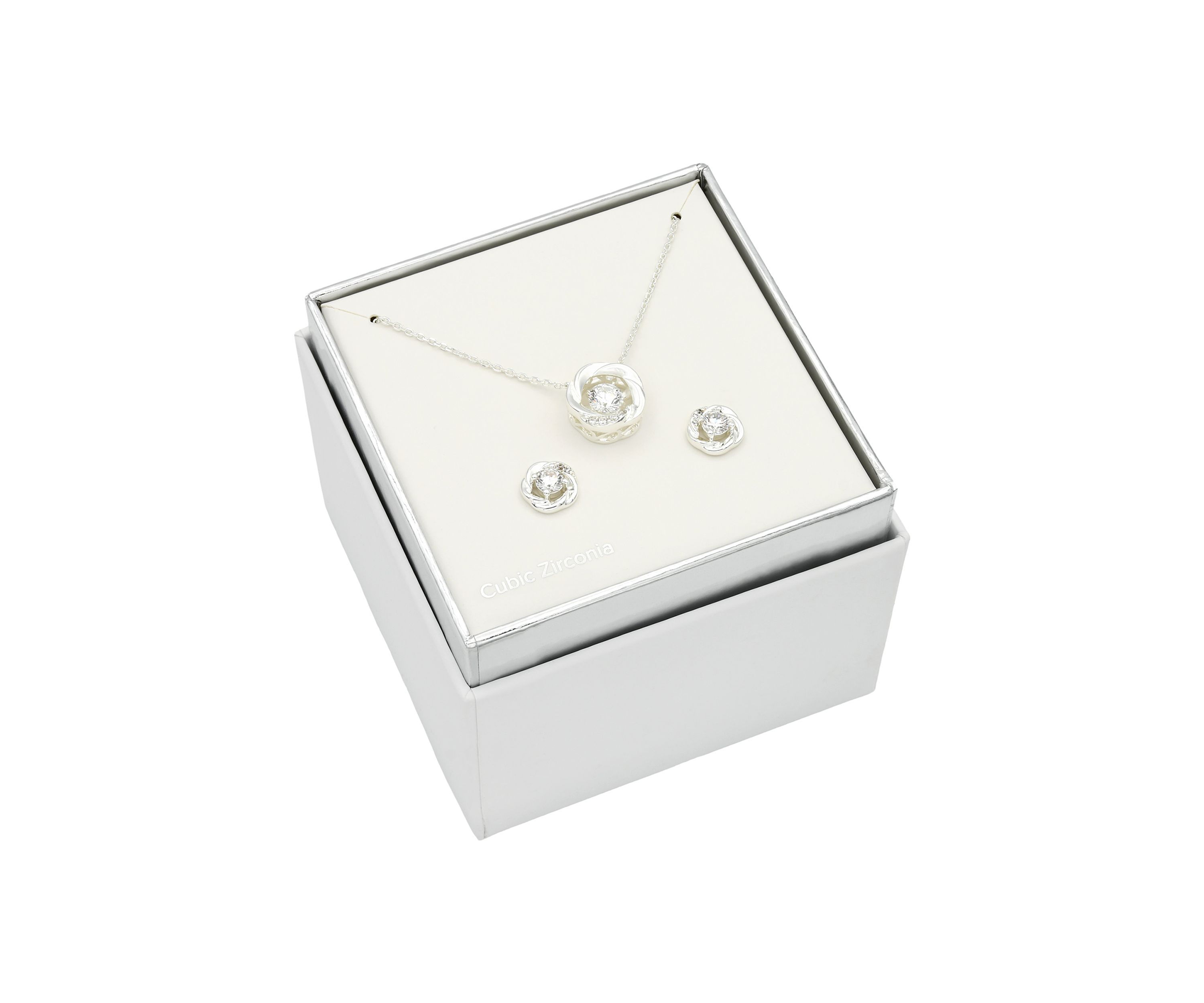 Lab Created Silver Tone Love Knot with Round CZ Stone Necklace and Earring Set