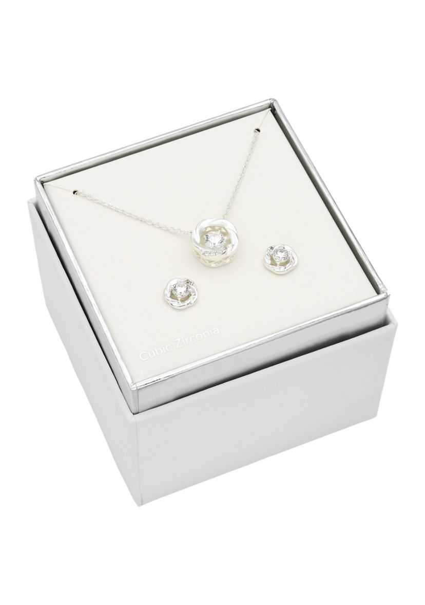Lab Created Silver Tone Love Knot with Round CZ Stone Necklace and Earring Set