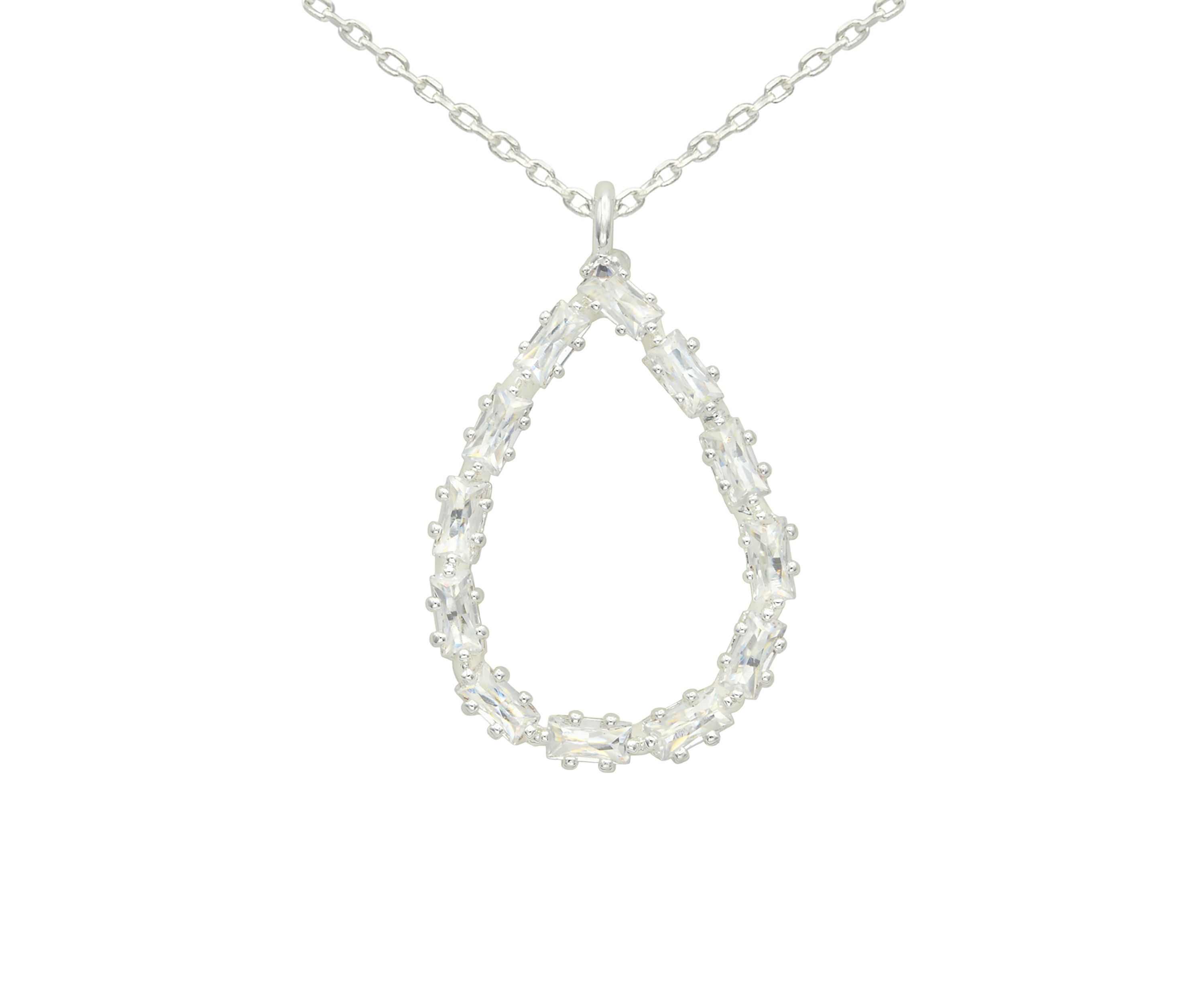 Lab Grown Silver Tone Open Pear Pendant Necklace