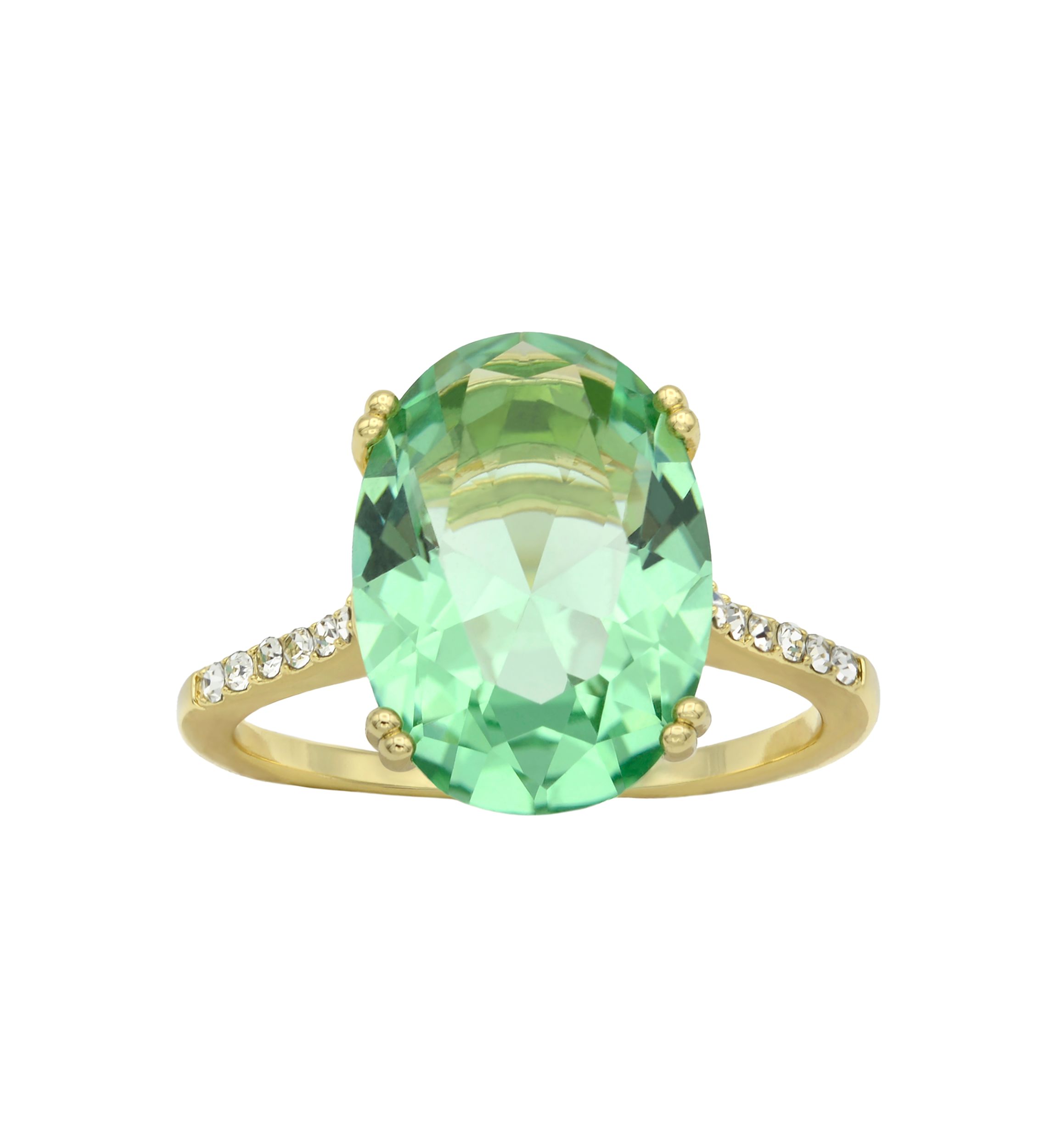 Lab Grown Gold Tone Green Crystal Oval Ring with Pavé Band 