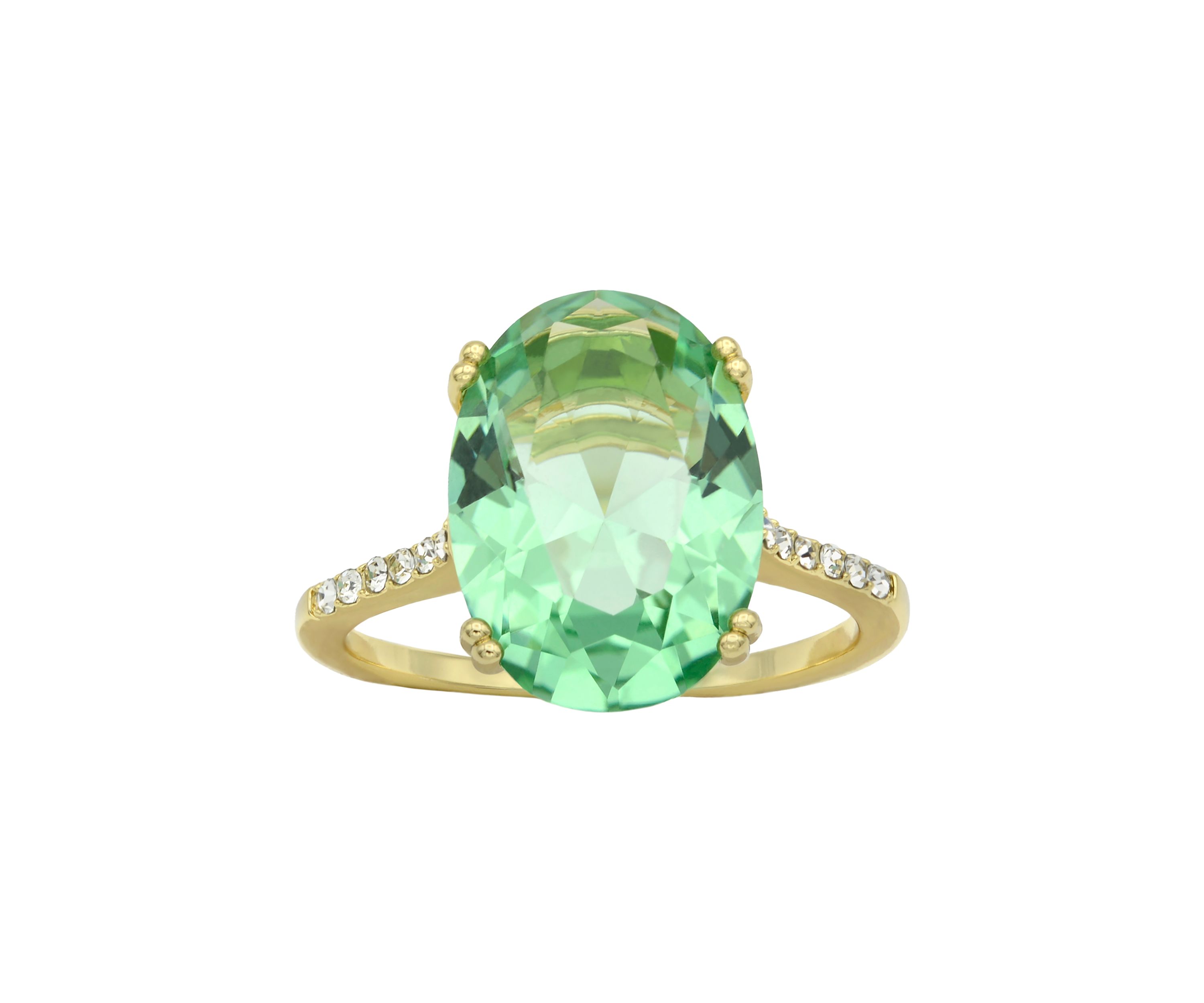 Lab Grown Gold Tone Green Crystal Oval Ring with Pavé Band 
