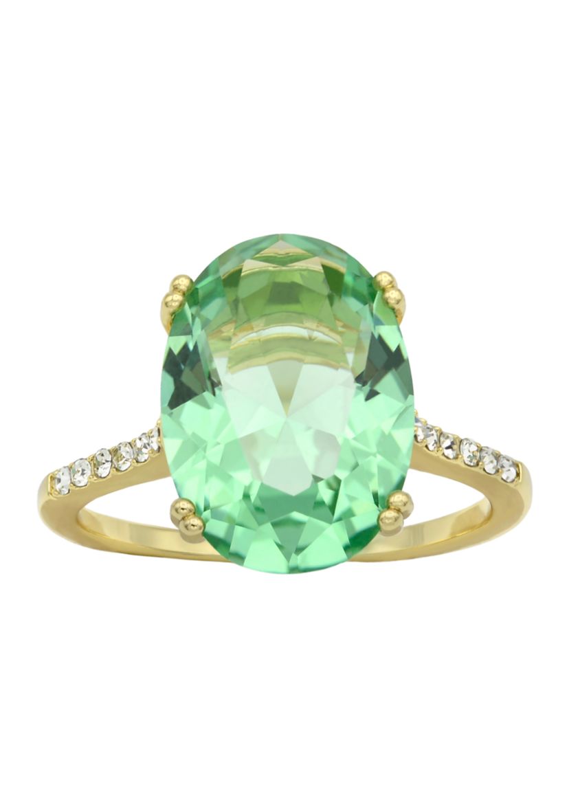 Lab Grown Gold Tone Green Crystal Oval Ring with Pavé Band 