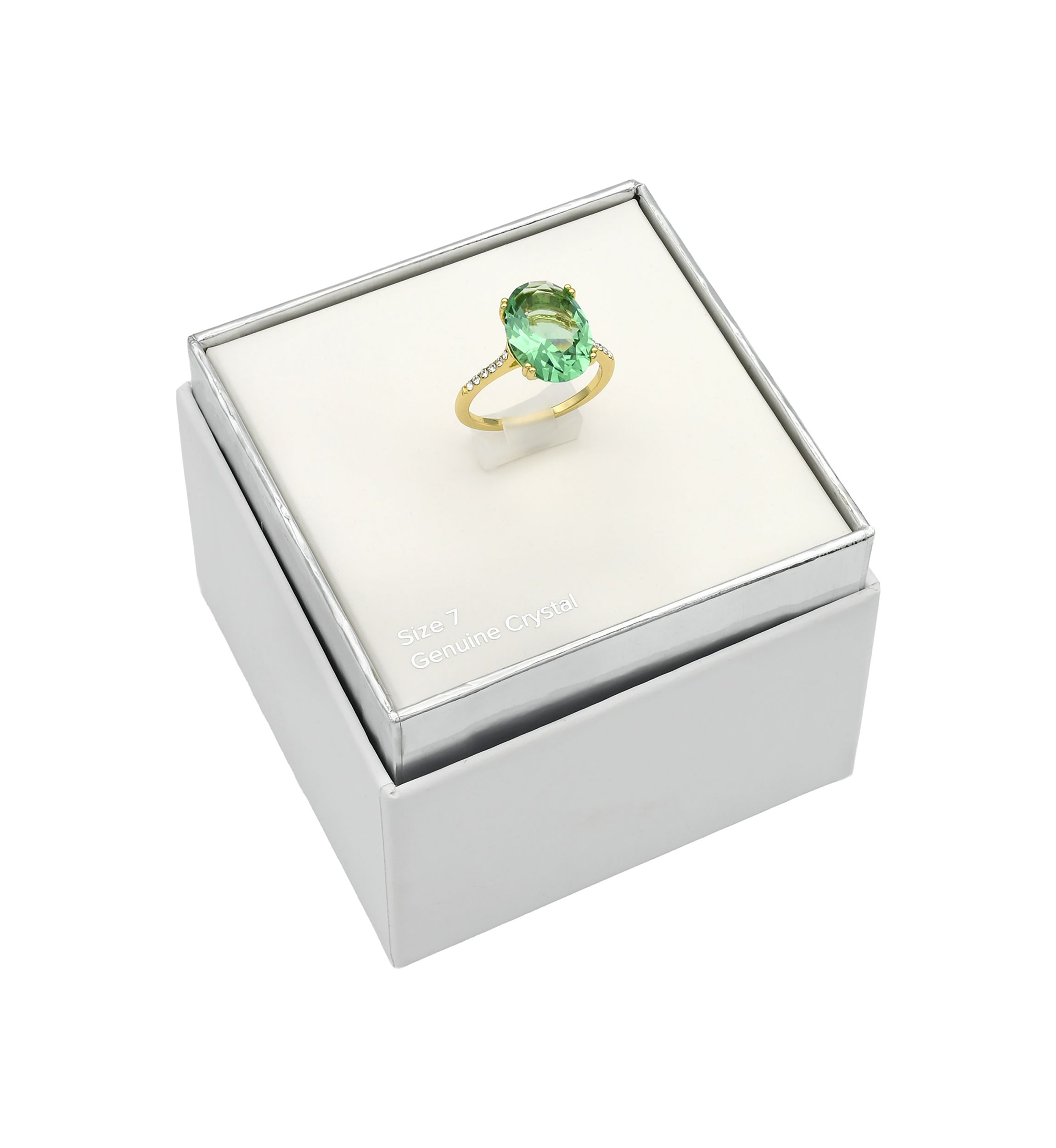 Lab Grown Gold Tone Green Crystal Oval Ring with Pavé Band 