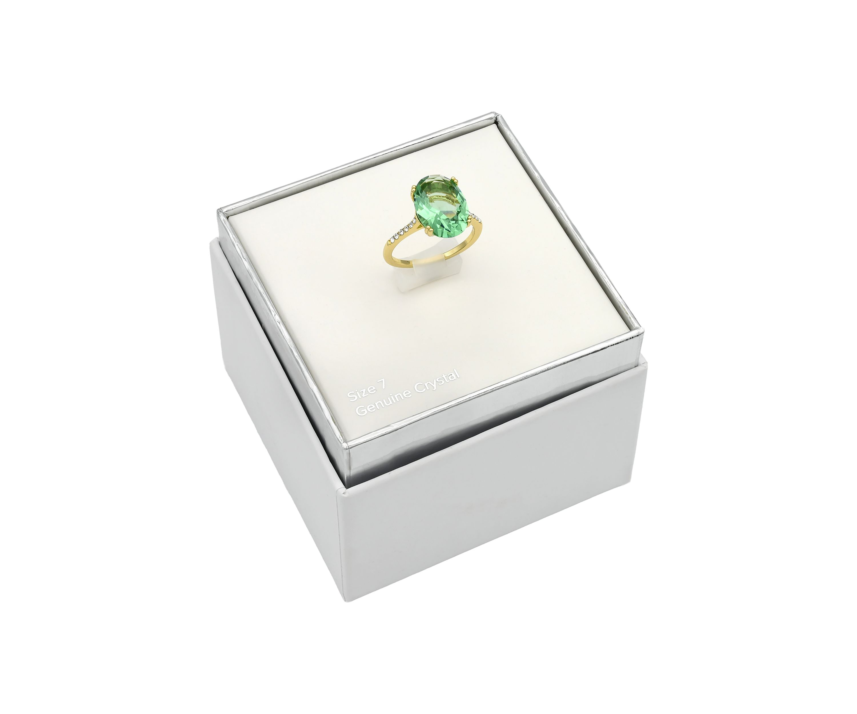 Lab Grown Gold Tone Green Crystal Oval Ring with Pavé Band 