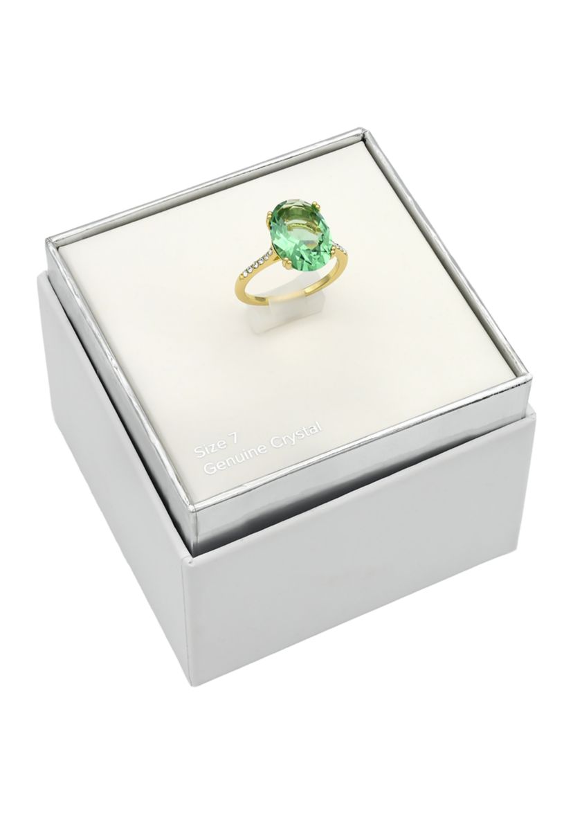 Lab Grown Gold Tone Green Crystal Oval Ring with Pavé Band 