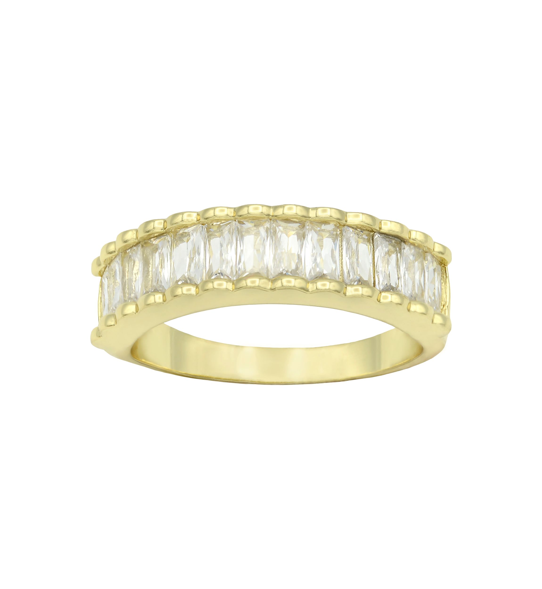Lab Grown Gold Tone Emerald Cut Stone Textured Eternity Band Ring