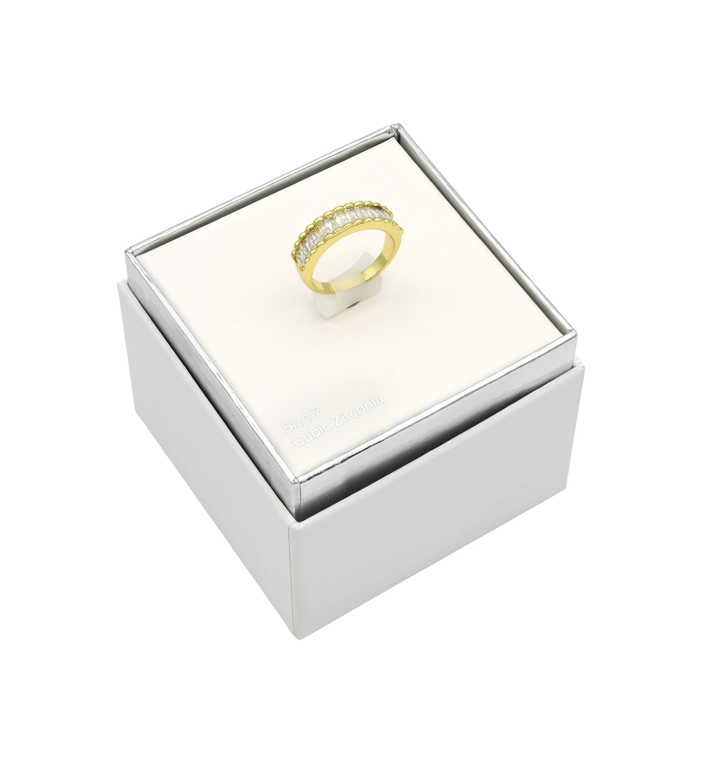 Lab Grown Gold Tone Emerald Cut Stone Textured Eternity Band Ring