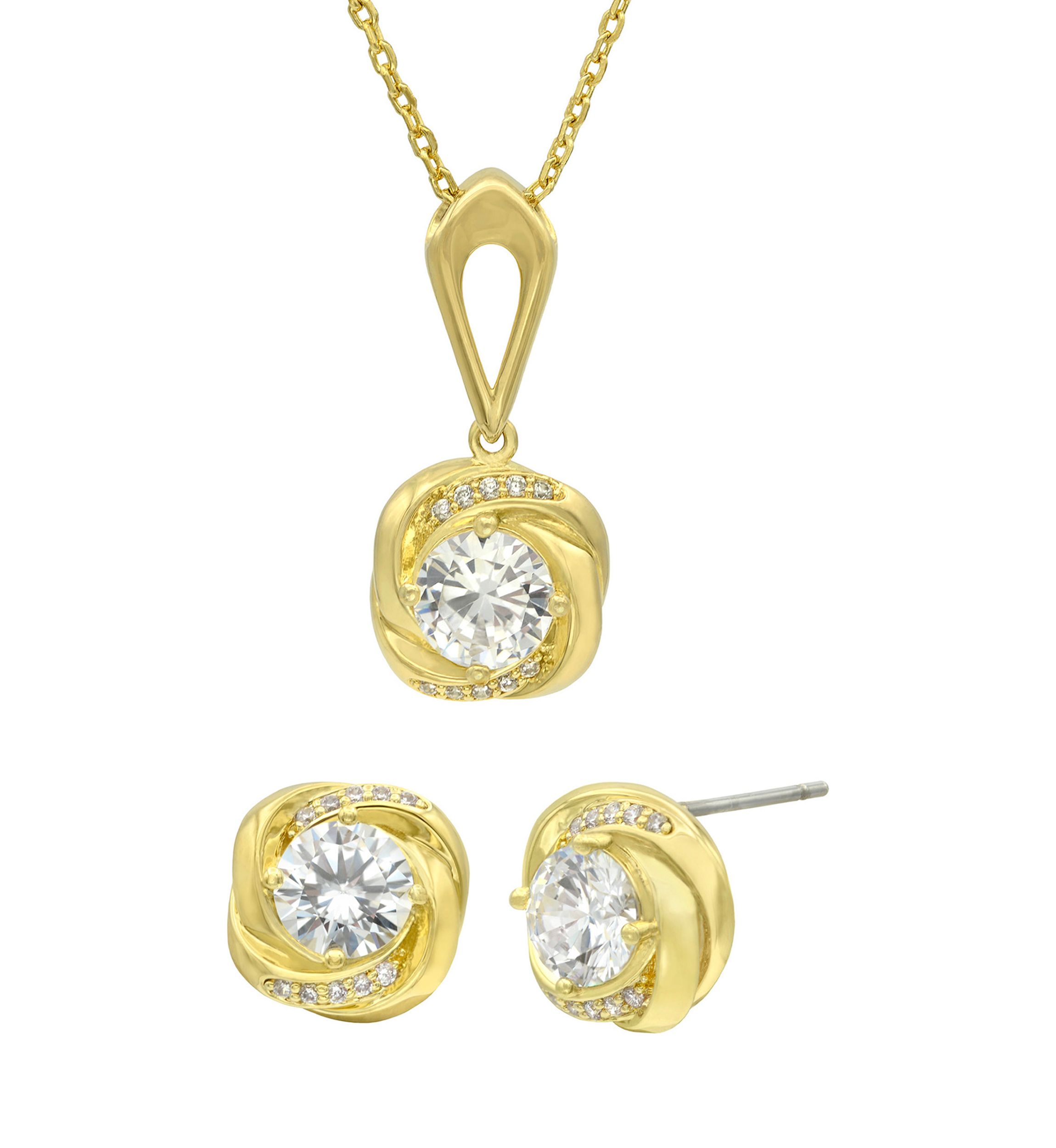 Lab Grown Gold Tone Round Cubic Zirconia Love Knot Necklace and Earrings Set
