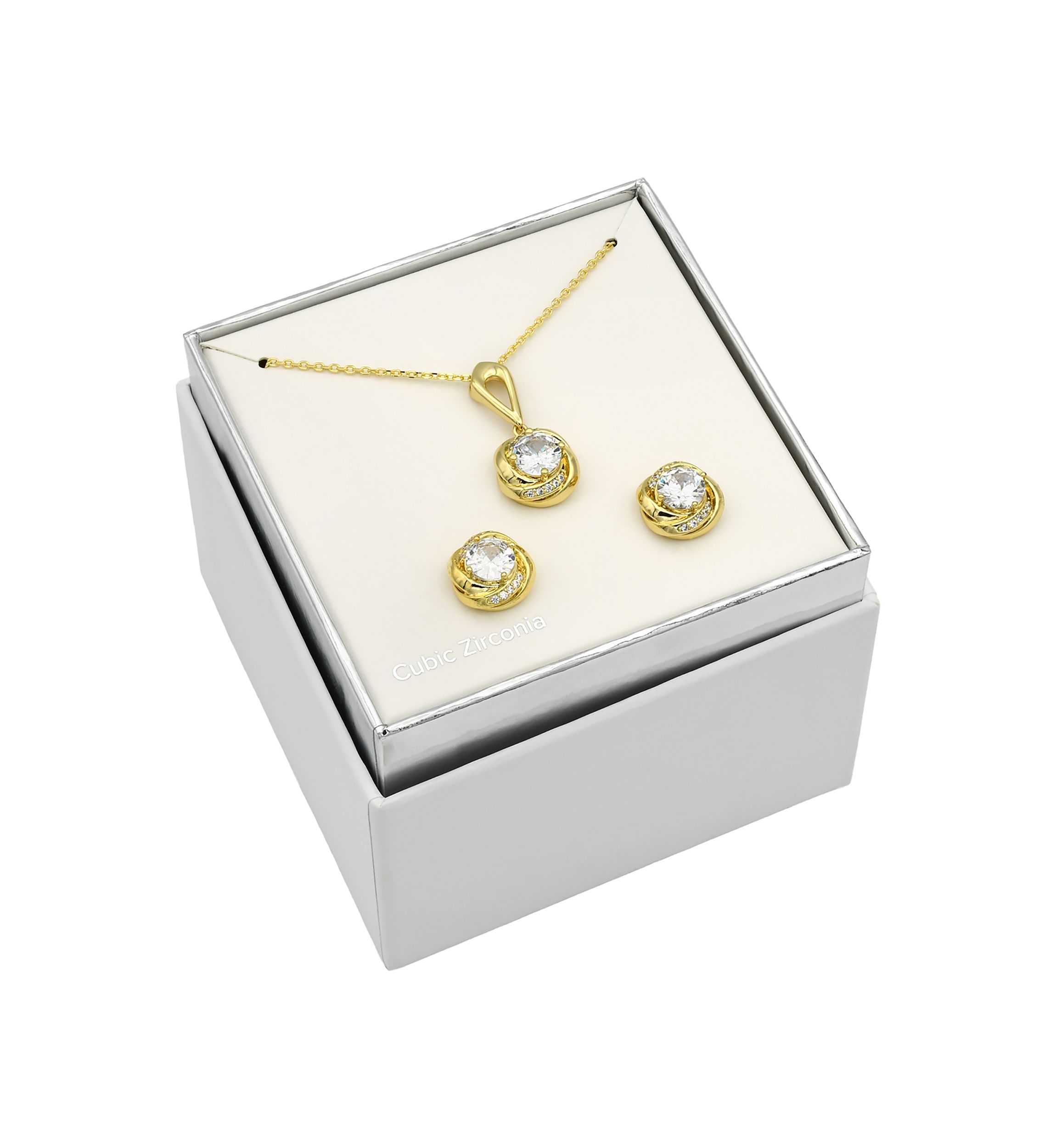 Lab Grown Gold Tone Round Cubic Zirconia Love Knot Necklace and Earrings Set